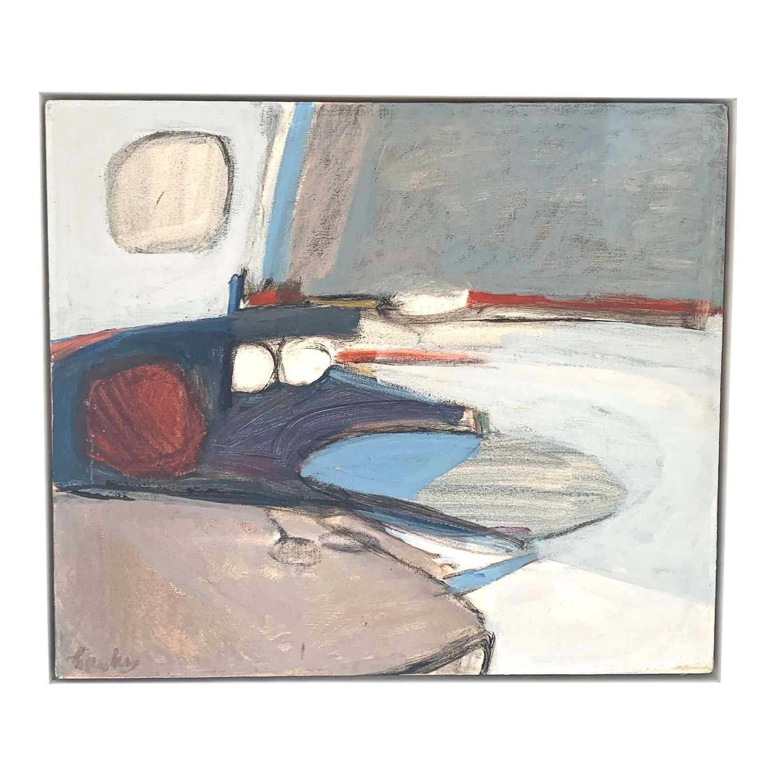 1970s Abstract Landscape Oil Painting by Jimmy Lueders: Abstract landscape by Jimmy C. Lueders. (Am. 1927-1994) Lueders taught at the Philadelphia Academy of Fine Arts from 1957-1994. This oil on canvas has been reframed. Condition: Alterations: Original
