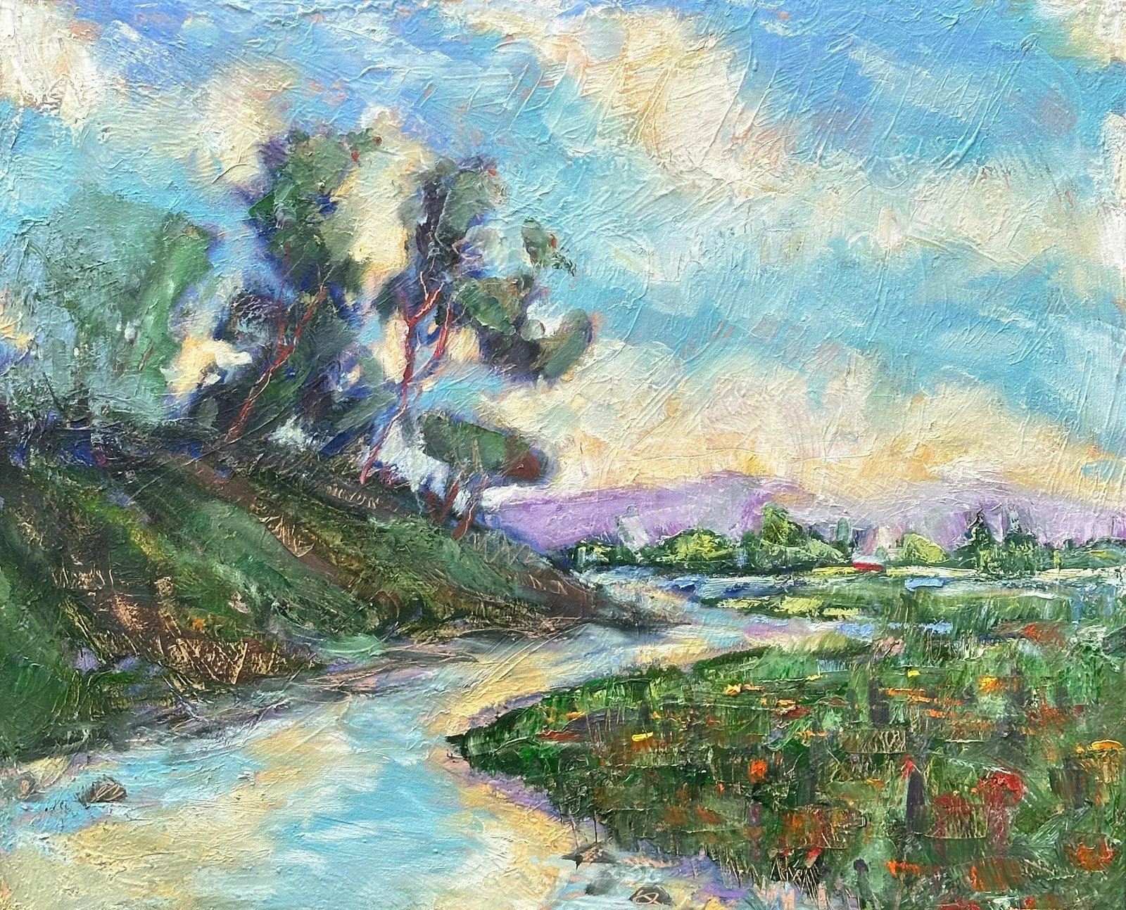 Original Impressionist Style California Landscape Painting by James Hartman: Sky Reflections by Bay Area painter James Hartman is a 30"x 36" original oil landscape for your wall art solution. The rich texture and use of color and value come into play. Condition:
