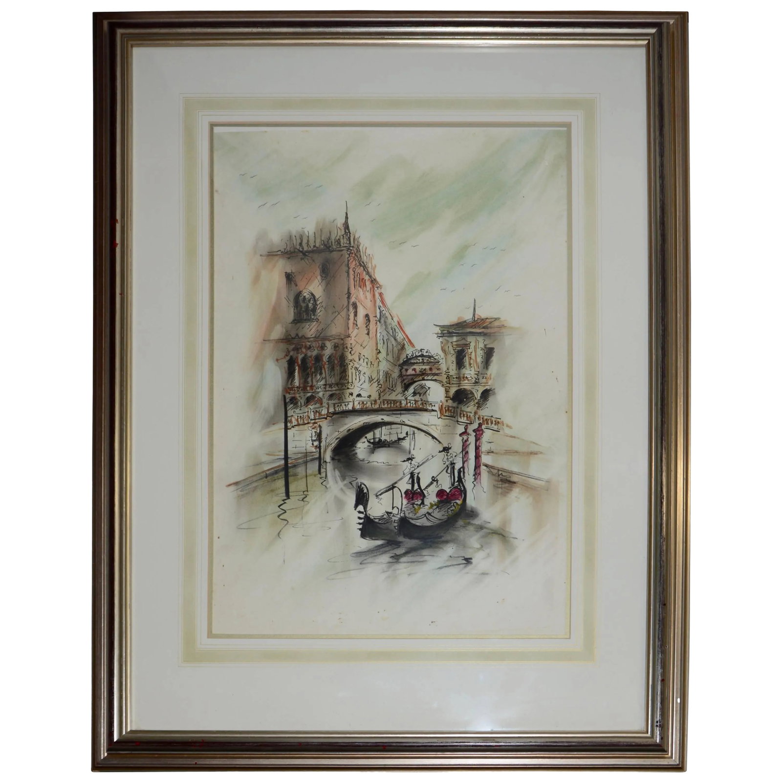 Midcentury Framed Venetian Watercolor Artist Signed: This lovely watercolor showcases the waters of Venice with boaters slowly floating along. The buildings in the background add to the beauty of the painting. The piece is artist signed on the bottom