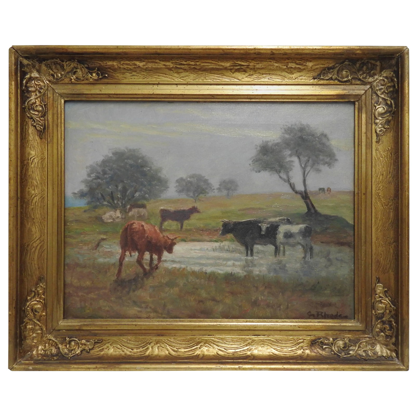 Signed Rhede Oil on Canvas of a Country Landscape: This is a lovely oil on canvas of a country landscape. The work depicts a group of cows grazing in a field with a pond. This piece appears to be signed "G Rhede" on lower right of the canvas, but an a