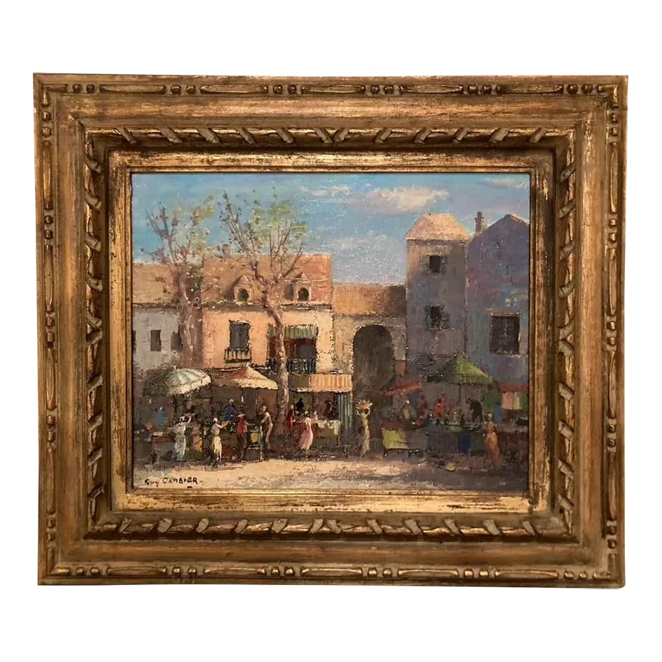 Guy Cambier "Flower Market" Vintage Figurative Oil Painting: Guy Cambier was born in Uccle-lez-Bruxelles in 1923. He was self-taught and studied the techniques and works of those artists he emulated, Corot and Watteau. Cambier started to exhibit in 1942 first