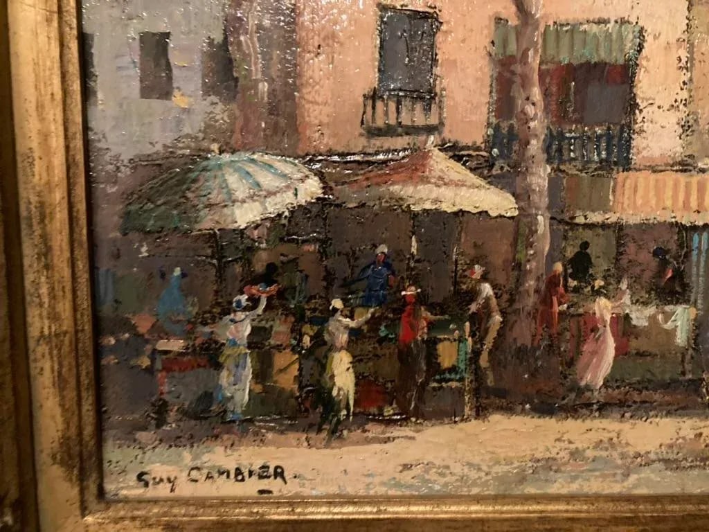 Guy Cambier "Flower Market" Vintage Figurative Oil Painting - 2