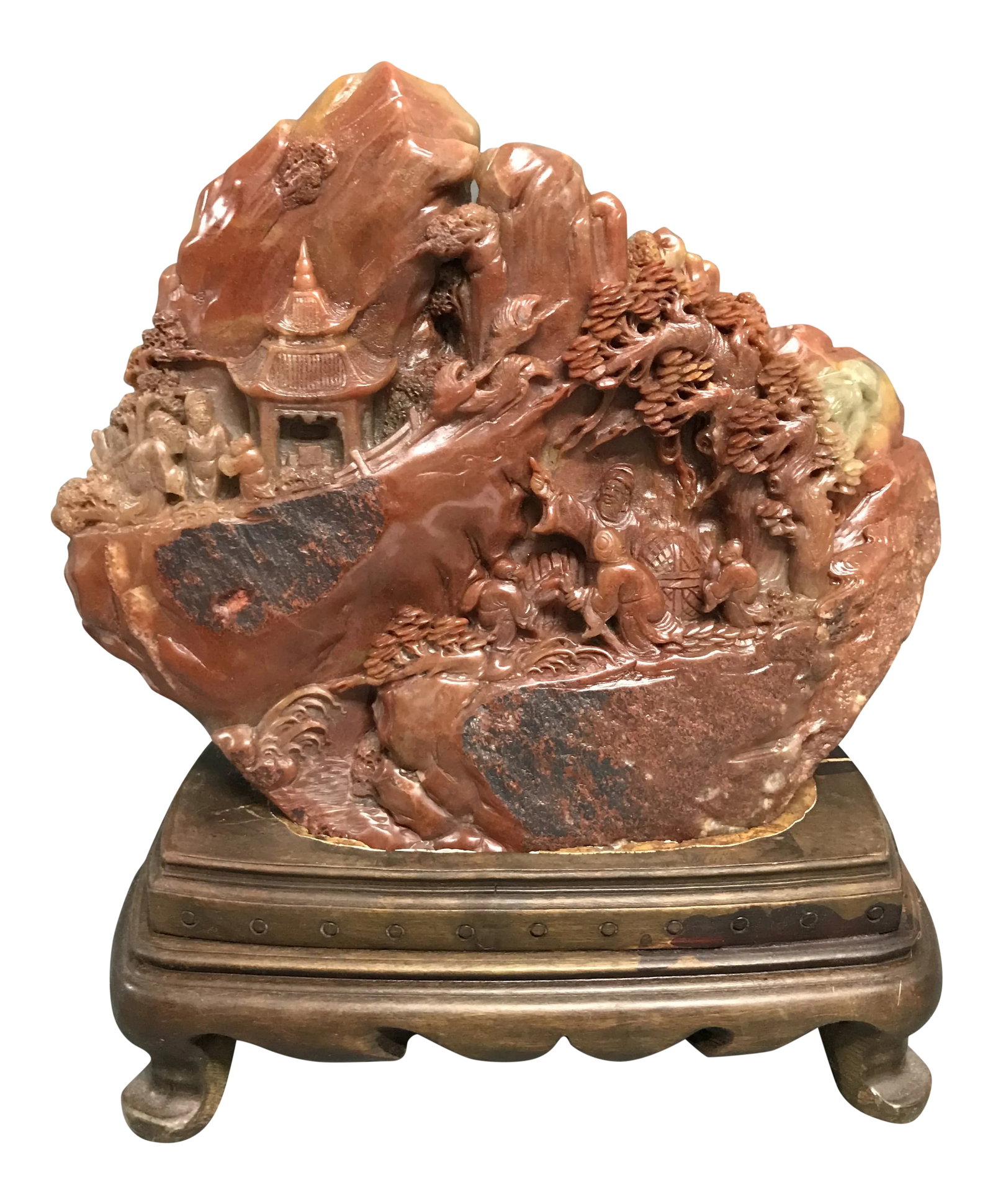Chinese Art Carved Soapstone Mountain Scenery With People: Chinese art carved soapstone mountain scenery with wood base. Very good condition and excellent patina. Scratches and ages wear Due to the vintage nature of our items, we encourage our buyers to