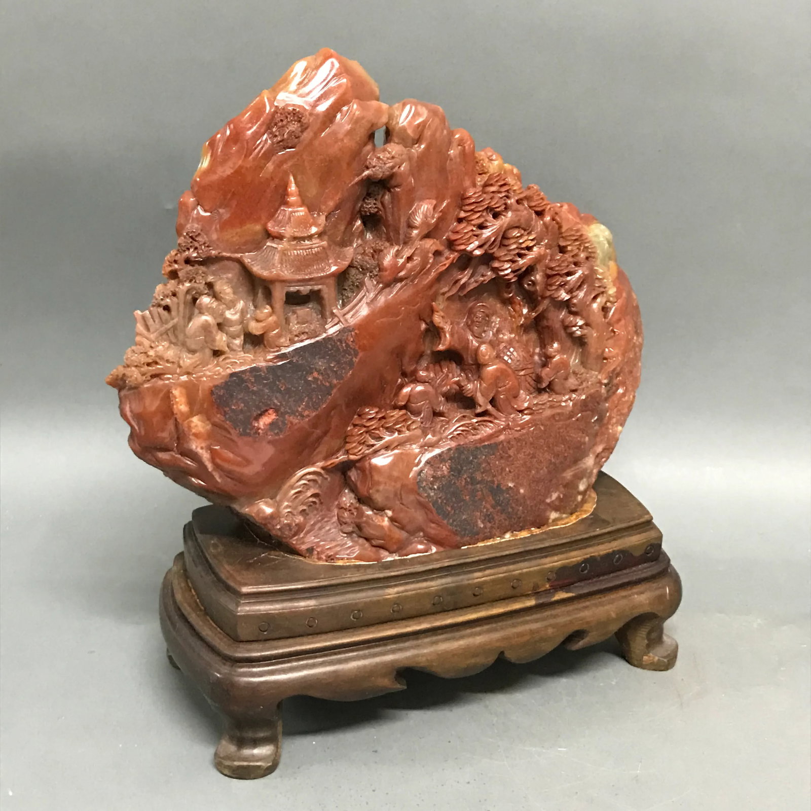 Chinese Art Carved Soapstone Mountain Scenery With People - 2