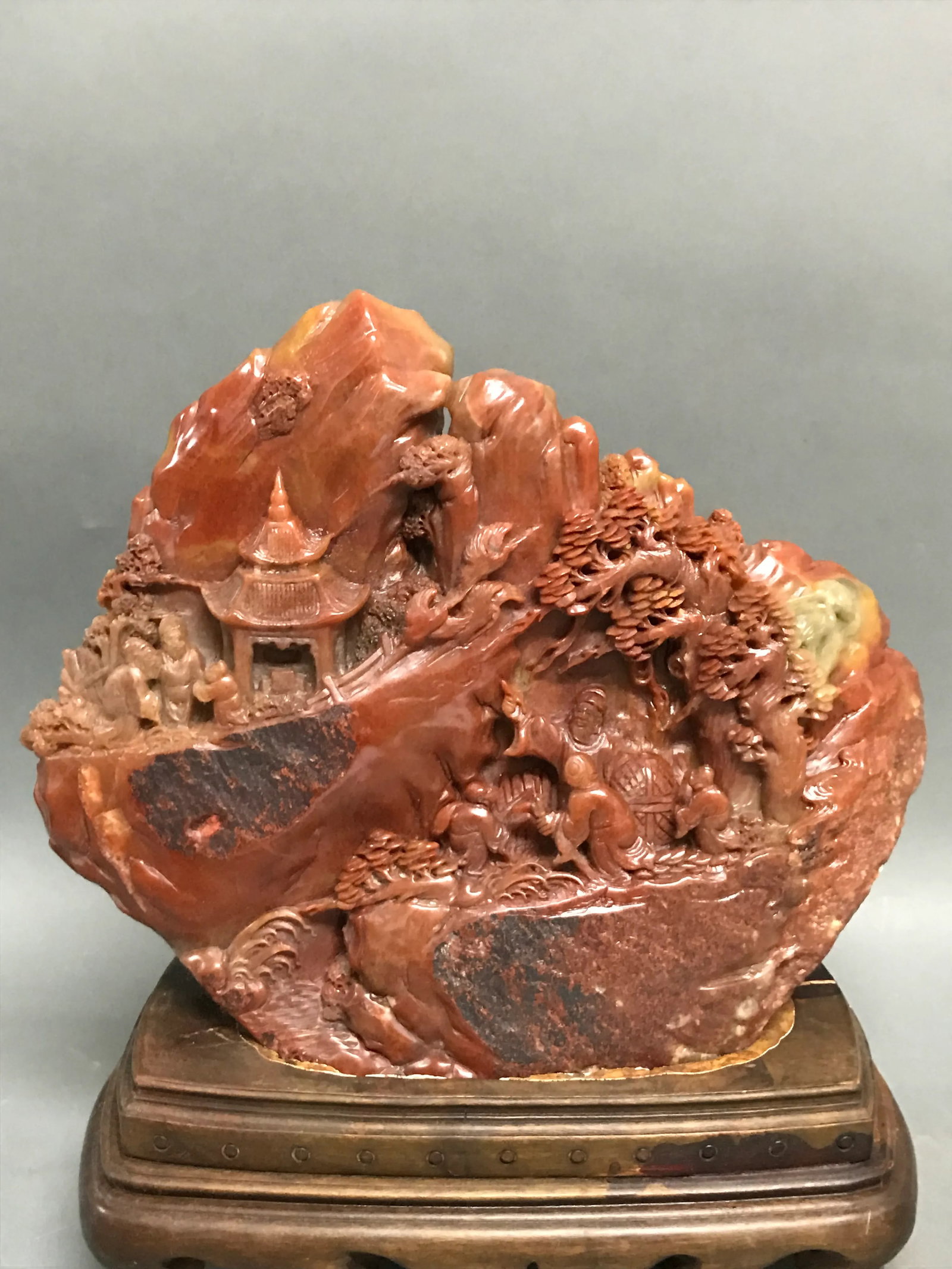 Chinese Art Carved Soapstone Mountain Scenery With People - 7