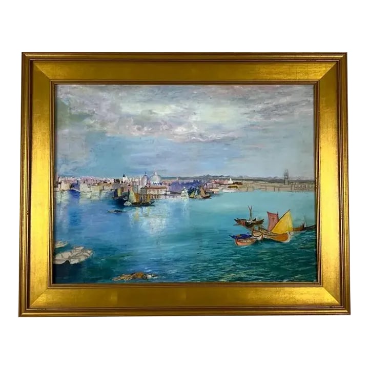 Late 20th Century Nautical Seascape Painting of Venice With Gilt Frame: Beautiful large oil or acrylic painting of Venice on stretched canvas. View is looking toward the entrance to the Grand Canal. The bridge at the far right is probably supposed to represent the Rialto 