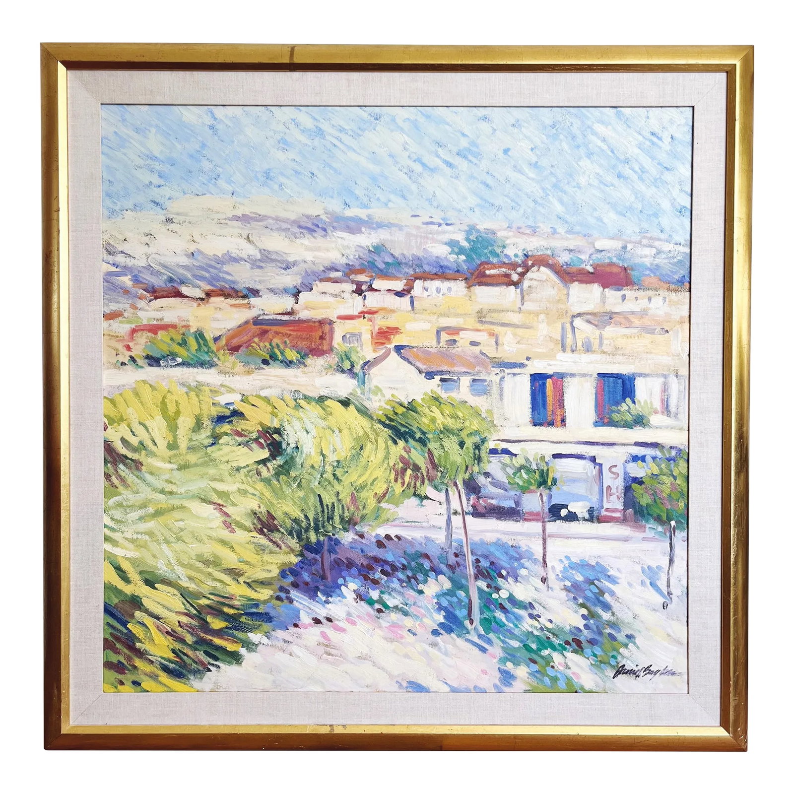 Vintage Impressionist Village Original Oil Painting: A superb original village oil painting of a rural landscape. The texture and colors are beautiful. This piece was signed by the original artist. It is framed in a gilt wooden frame with a linen matte.