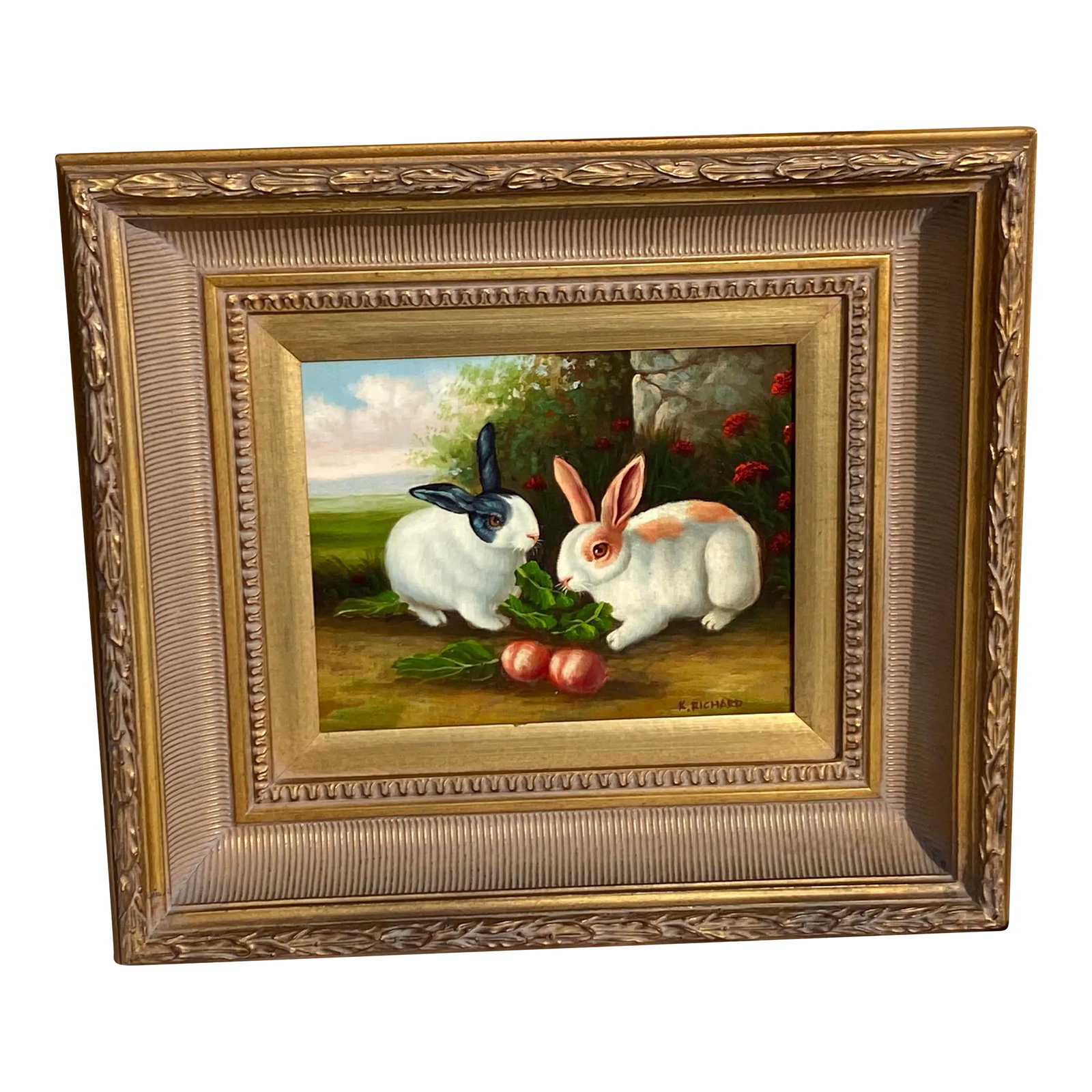 Bunny Rabbits With Radish Painting- Mid 20th C.: Classically styled portrait of rabbits against an outdoor landscape. Painting on canvas in gold frame. Condition: Alterations: Original Condition Unaltered Imperfections: Some Imperfections Condition