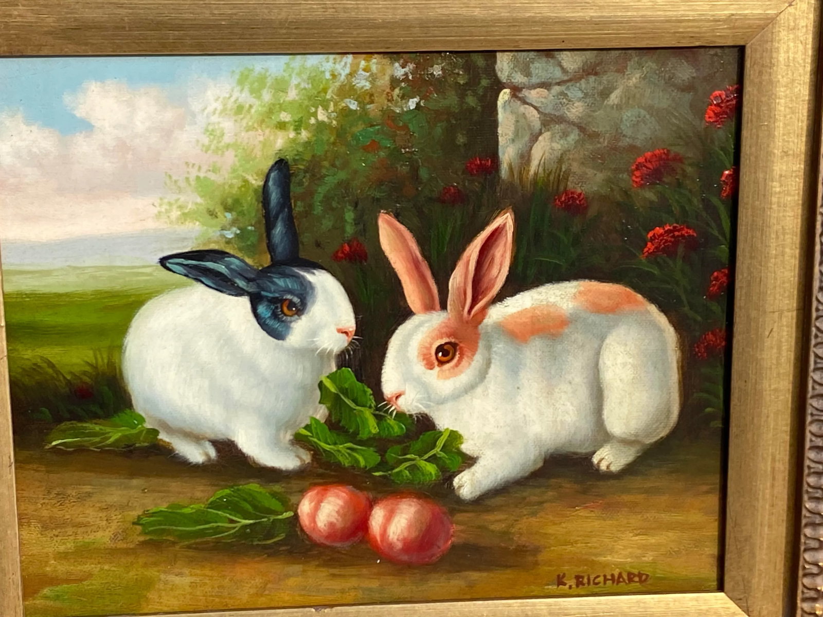 Bunny Rabbits With Radish Painting- Mid 20th C. - 2