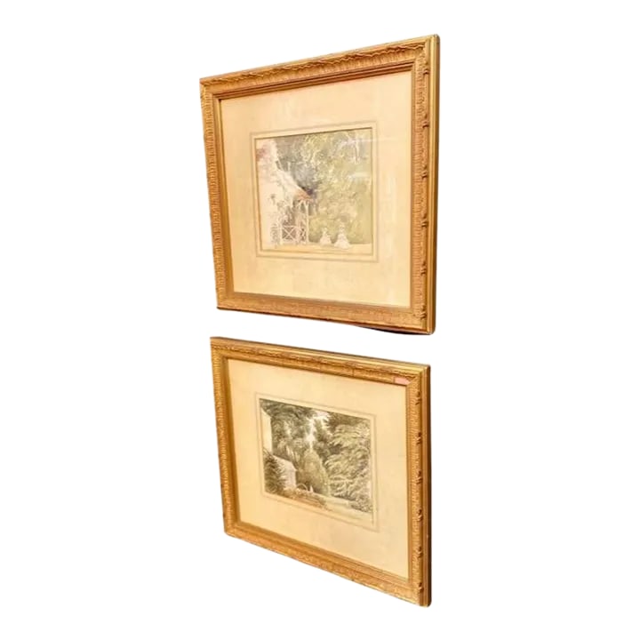 Original Pair of English Watercolor/Sketches C. 1854, 1855, Ellen Dumbleton: Two original English watercolor/drawings circa 1854,1855, Ellen Dumbleton, from her sketchbook, Humble House and Summer house, Hall Grove. Beautifully presented in gilt gesso and wood frames. Ellen Du