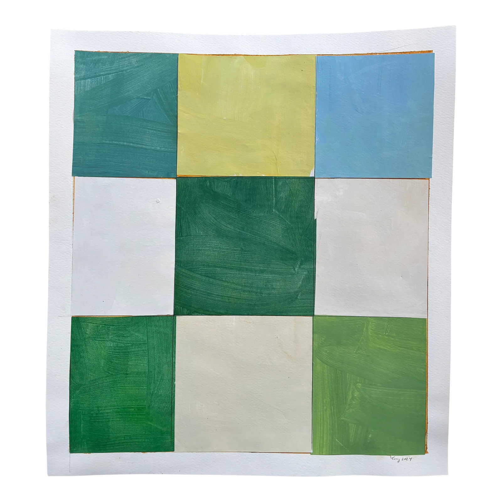 Lake Series, Abstract Landscape Painting Work on Paper by Bryan Young: Brighten up your room with a piece in the Lake Series, a Mid Century Modern abstract painting/collage. The piece measures 18x20 inches. Image size is 16x18 inches. A white border is left to allow for