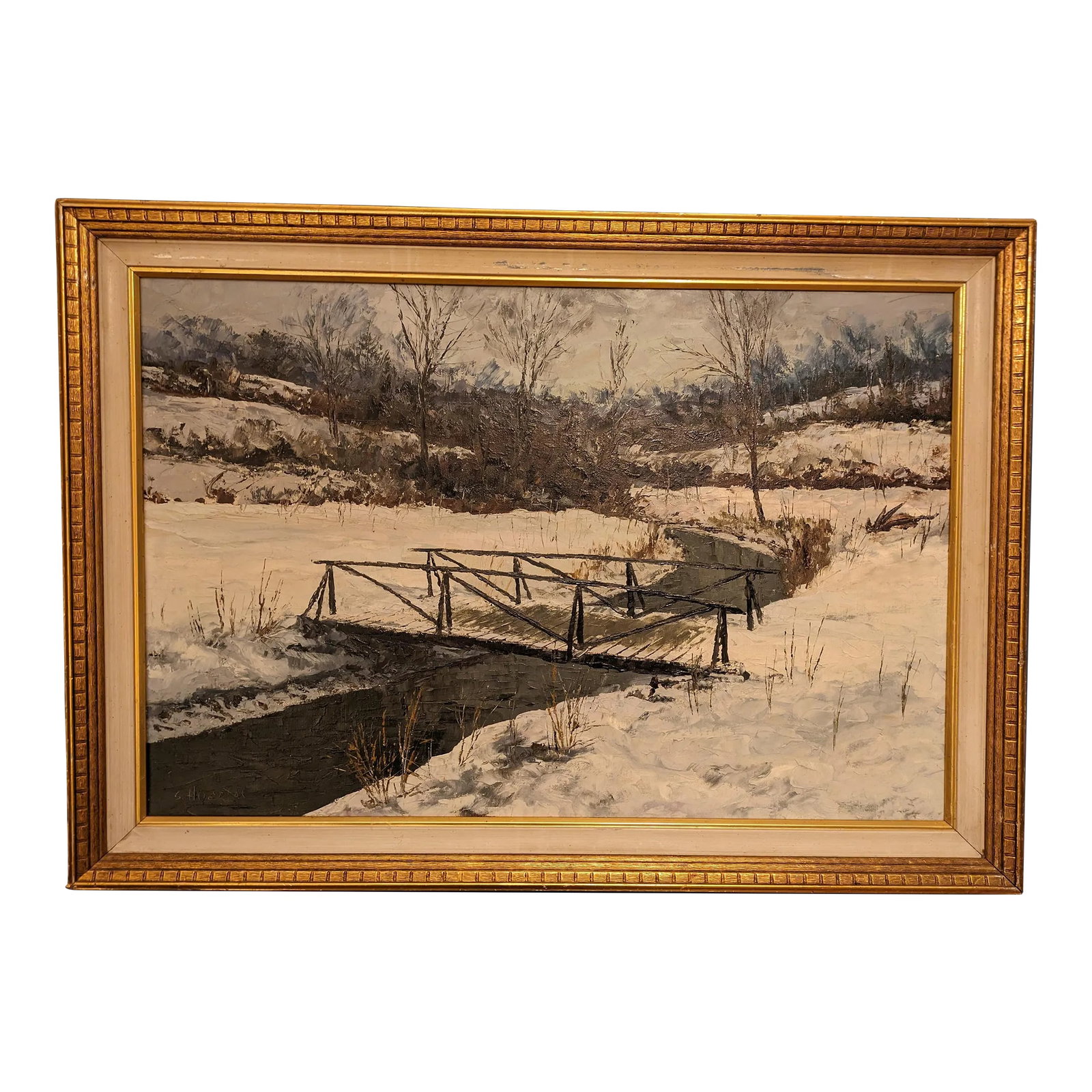Winter Bridge Scene Oil Painting by Argentinian Segundo Huertas (1923-2010): Featured is a quaint Winter scene of a wooded area featuring a river and a foot bridge. This Painting was created by Segundo Huertas in oil paints. Segundo Huertas was a prolific painter and his