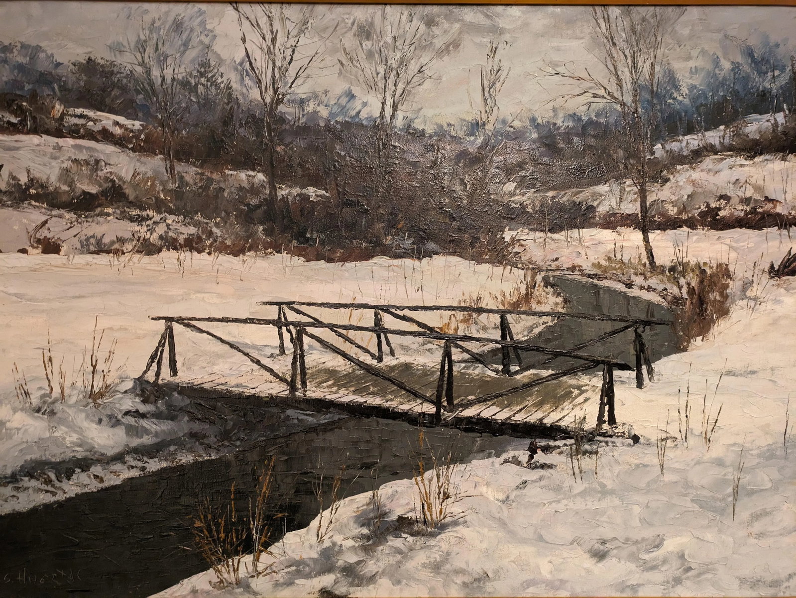 Winter Bridge Scene Oil Painting by Argentinian Segundo Huertas (1923-2010) - 2