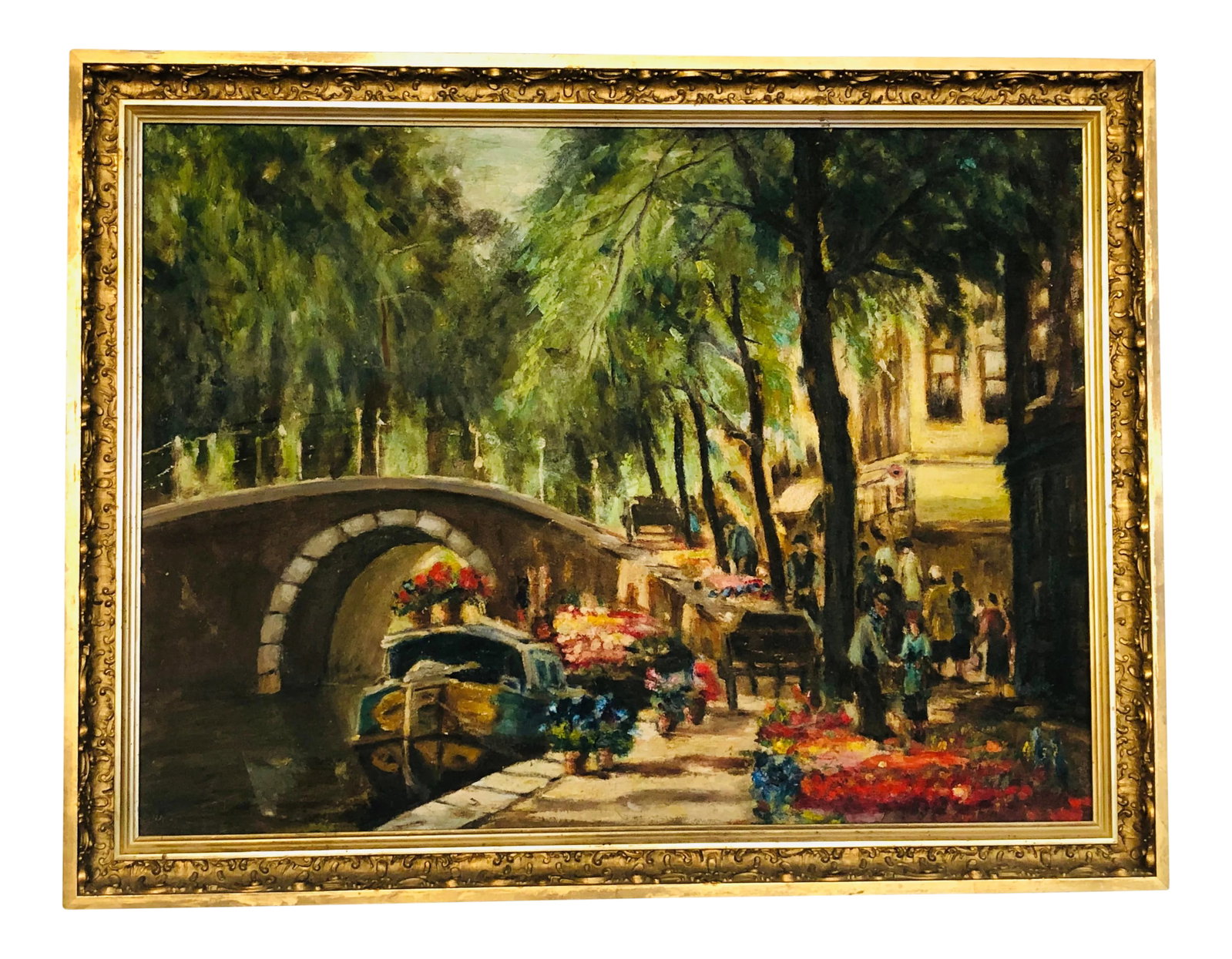 Original Oil on Canvas Painting of Delft Flower Market Style of Ben Viegers: I believe this to be by Ben Viegers or the school of Ben Viegers. Based on other paintings of the same scene by Viegers and style of the canvas & frame I estimate this was painted sometime between the