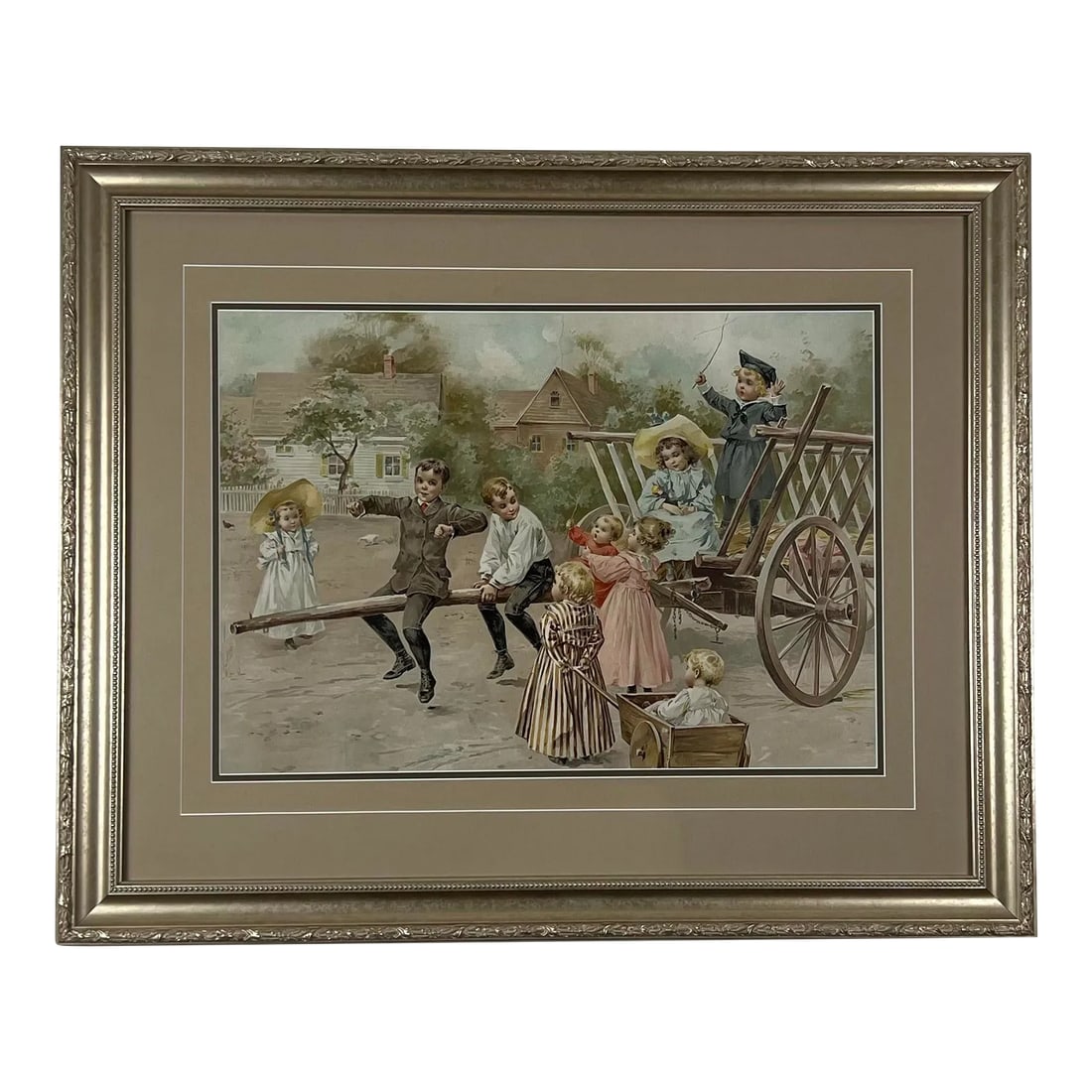 Late 19th Century "A Day in the Country" Print: This large chromolithograph print is entitled "A Day in the Country" and was printed in 1893 by The Knapp Co. Lith. New York. The work is similar in style to paintings by American illustrator Maud