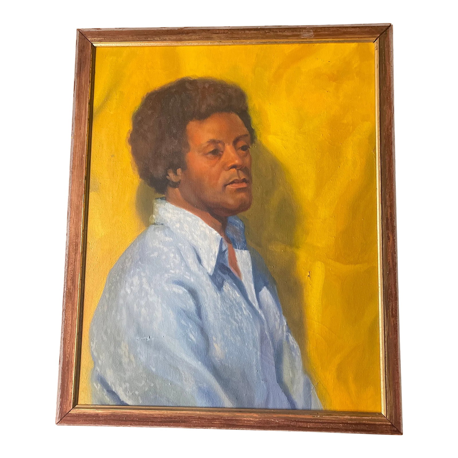 Vintage Mid Century Oil Portrait - African American Male Figure on Yellow Ground, Framed (1960s-1970: A striking vintage mid-century oil portrait featuring an African American male figure set against a bold golden yellow background. The composition is simple yet powerful, with expressive brushwork
