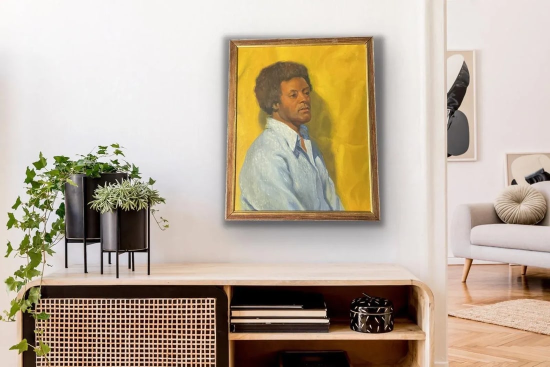 Vintage Mid Century Oil Portrait - African American Male Figure on Yellow Ground, Framed (1960s-1970 - 3
