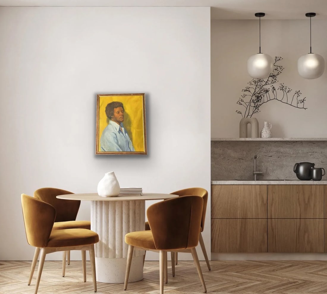 Vintage Mid Century Oil Portrait - African American Male Figure on Yellow Ground, Framed (1960s-1970 - 5
