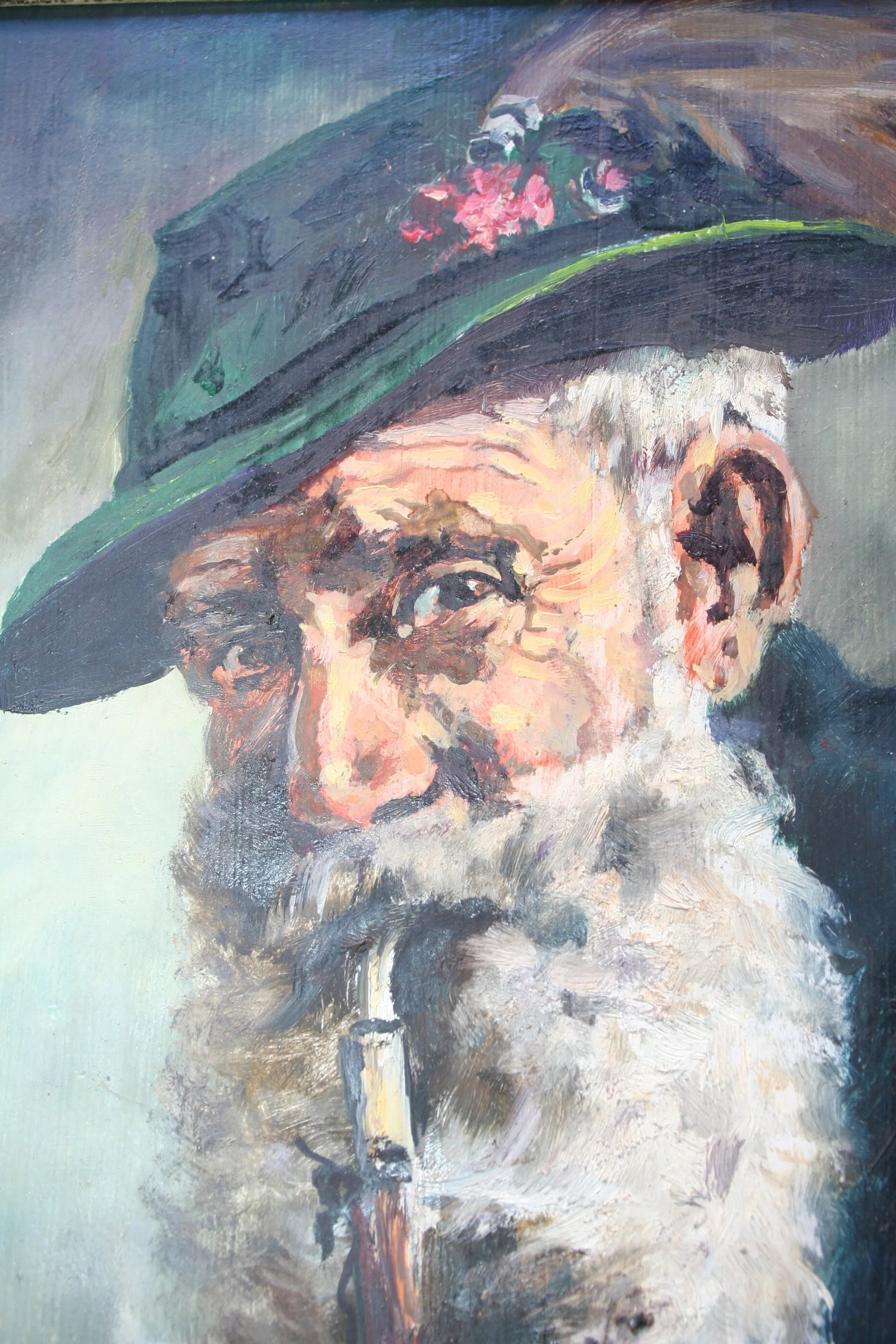 Vintage Original Oil Painting of a Man with Pipe, Framed - 5