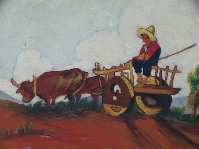 1930s Folk Art Mexican Scene Painted on a Round Wooden Tray C 1930s - 3