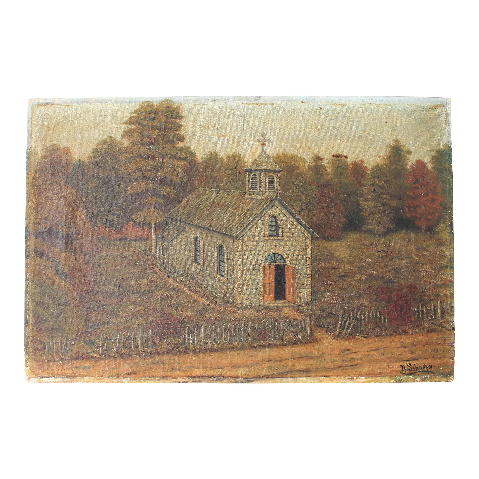 Original Oil Painting of a Church by N. Schaefer: Antique original oil painting of a church by N. Schaefer. Signed bottom right. Overall age wear. Condition: Alterations: Original Condition Unaltered Imperfections: Some Imperfections Condition