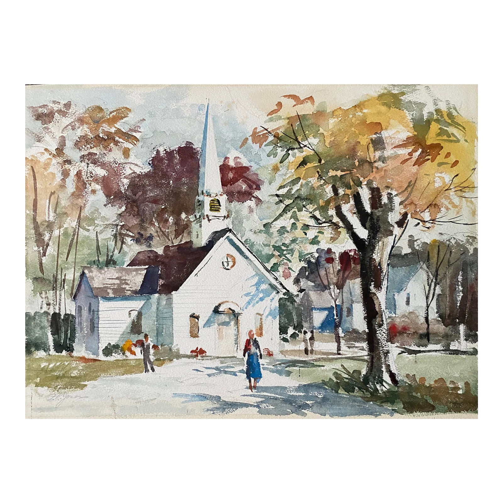 1970s Franklin Reed Jones Village Church Watercolor: Painting of a New England church by Connecticut / Massachusetts artist Franklin Reed Jones (1921-2007). Watercolor on paper laid to foam core. Condition: Alterations: Original Condition Unaltered