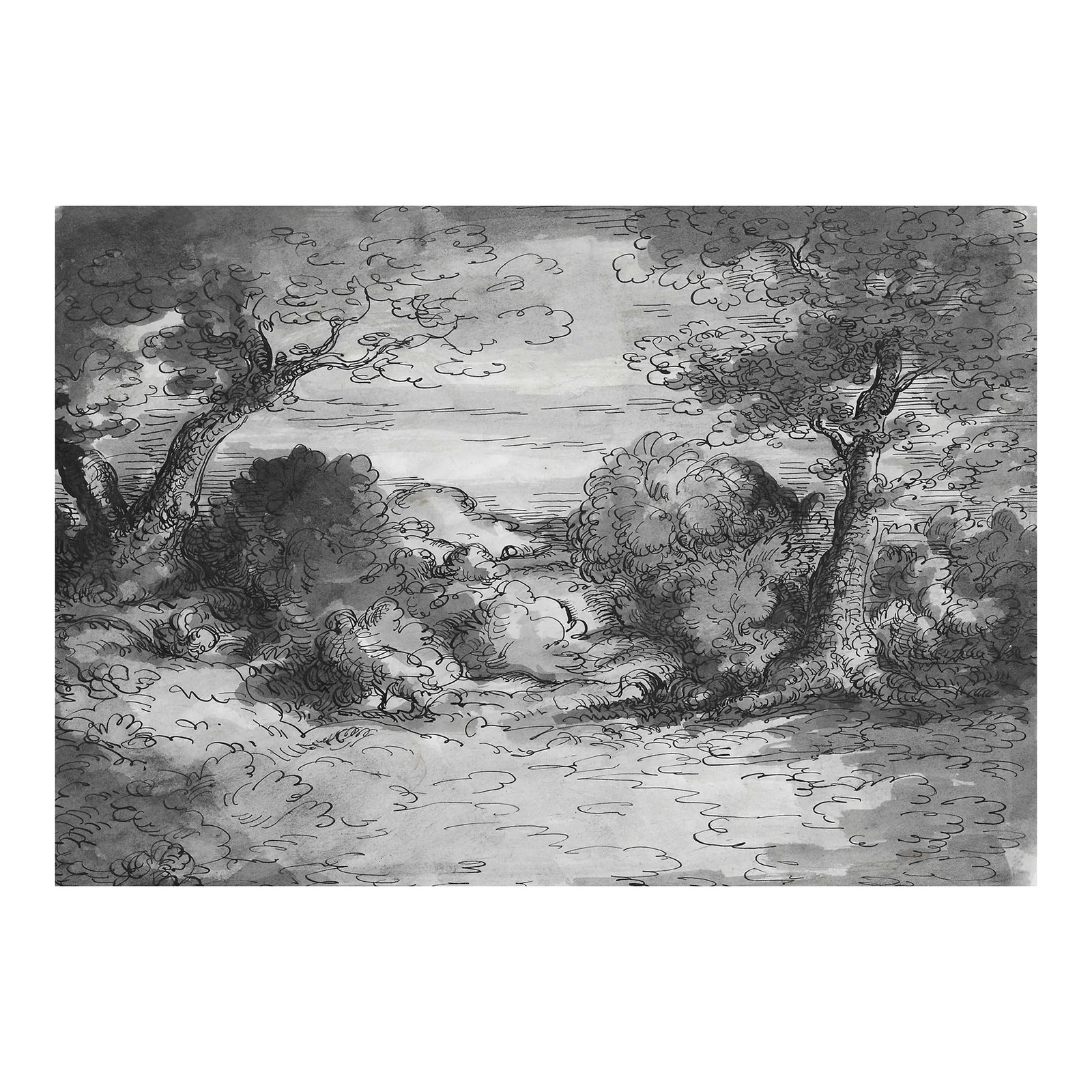 Antique Harold Hope Read Landscape Painting: Painting watercolor and ink wash by artist Harold Hope Read (1881-1959). Read's "High Life" series satirically illustrated the lives of the upper class in Great Britain. Read regularly submitted works