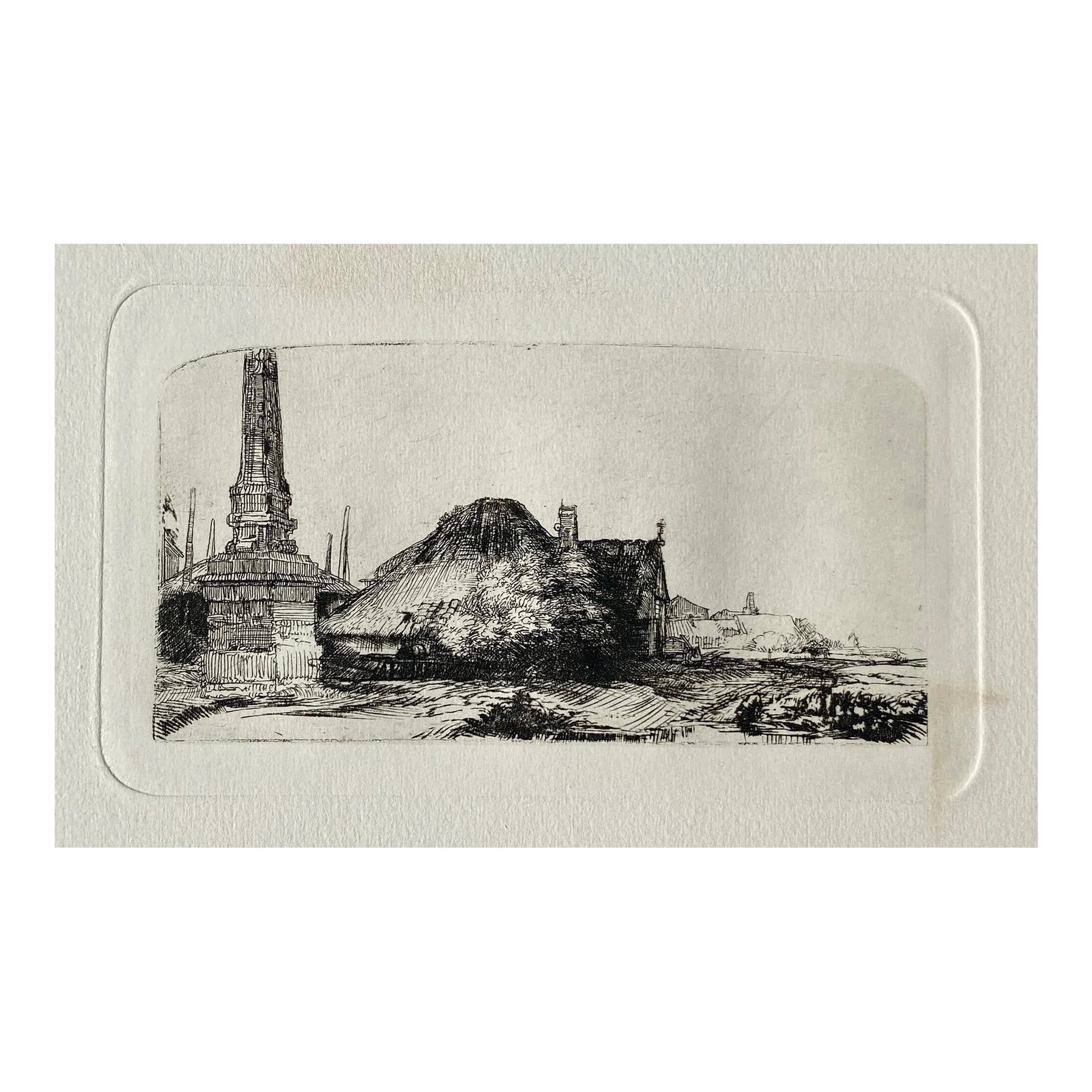 Antique 19th Century Rembrandt Etching: 19th century print of 16th century Rembrandt etching "Cottage and Boundary Post on the Spaarndammerdijk "('L'Obelisque'). Bundesdruckerei Berlin blindstamp on the back. Condition: Alterations: