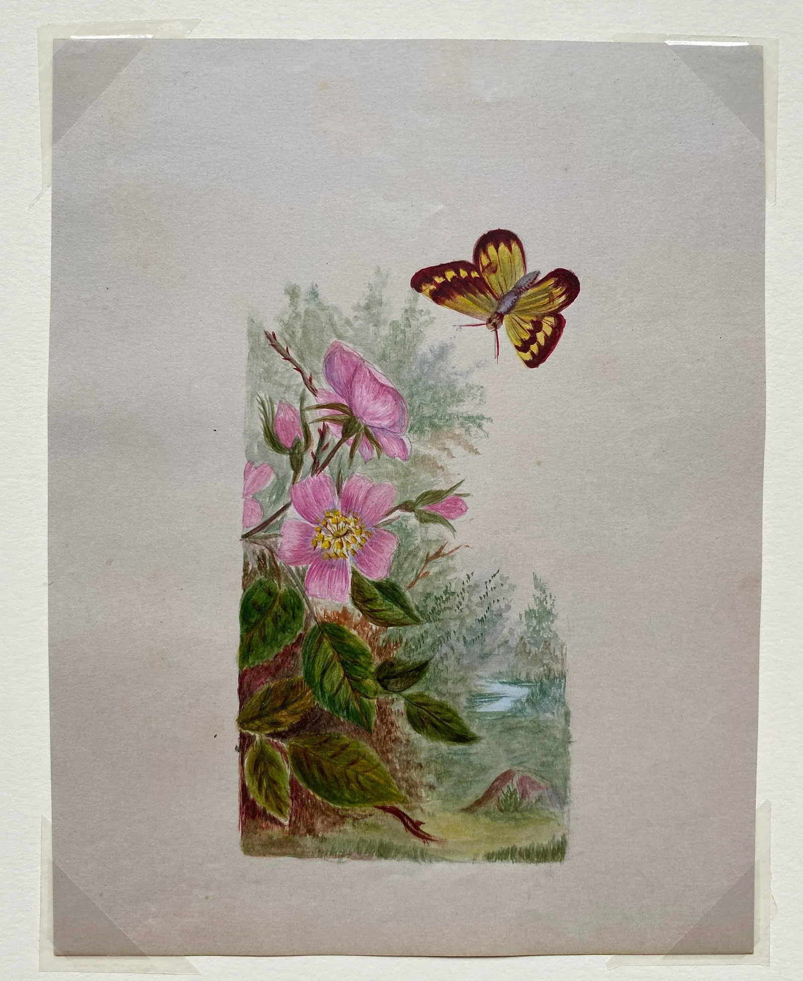 Antique Floral Landscape With Butterfly - 2