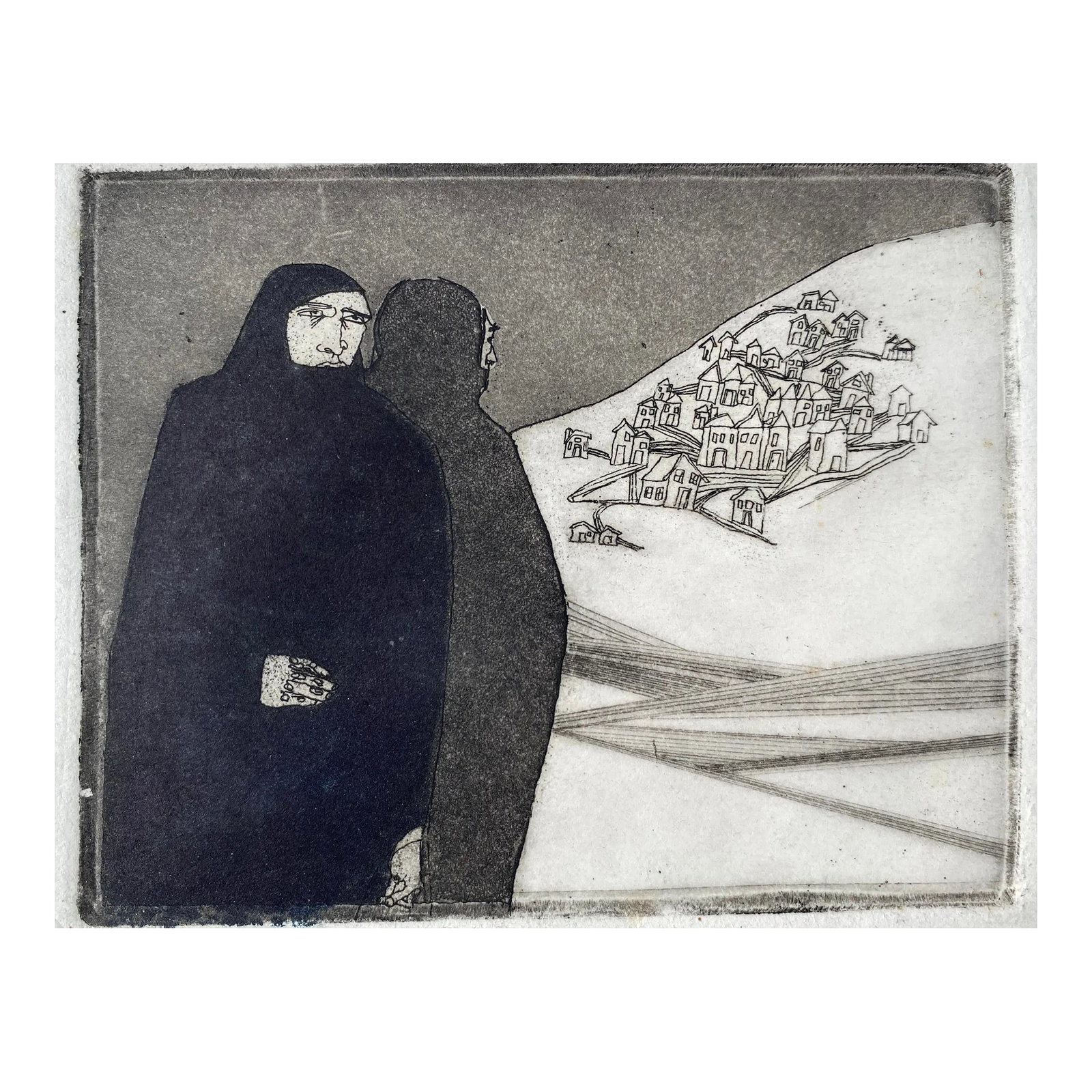 1980s Modern Figural Landscape Etching: 1980s modern etching of two figures in robes. Unsigned. Condition: Alterations: Original Condition Unaltered Imperfections: Some Imperfections Condition Notes: Overall good condition. Origin: United