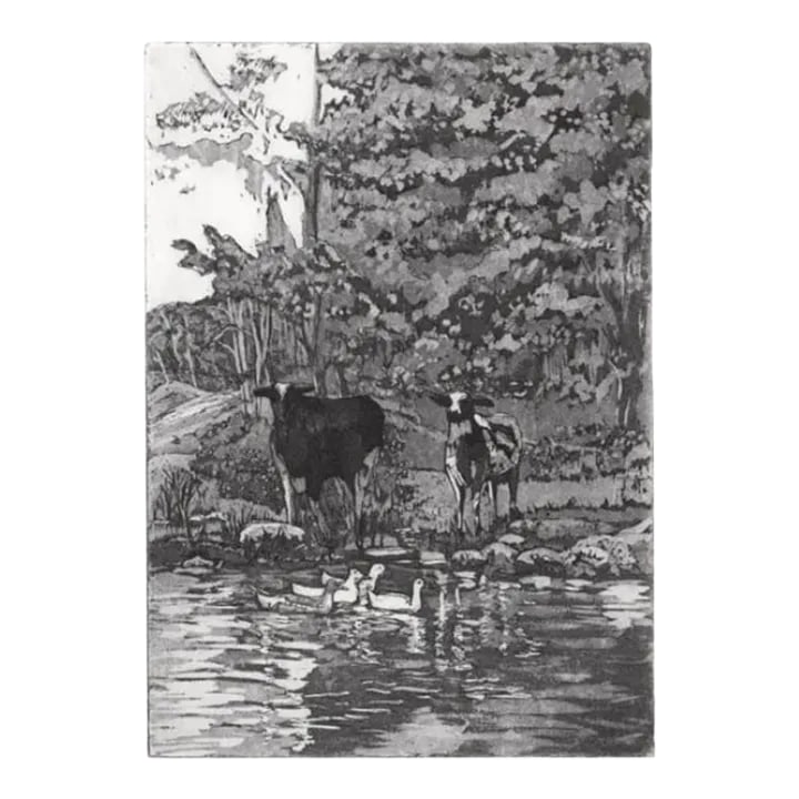 Marcia Davis Across the Pond Etching and Aquatint: Marcia Davis "Across the Pond" etching & aquatint of cows and ducks; pencil signed, titled and numbered 8 of 40. From the 1993 Maryland Printmakers Exchange Folio, a project to trade prints among the 