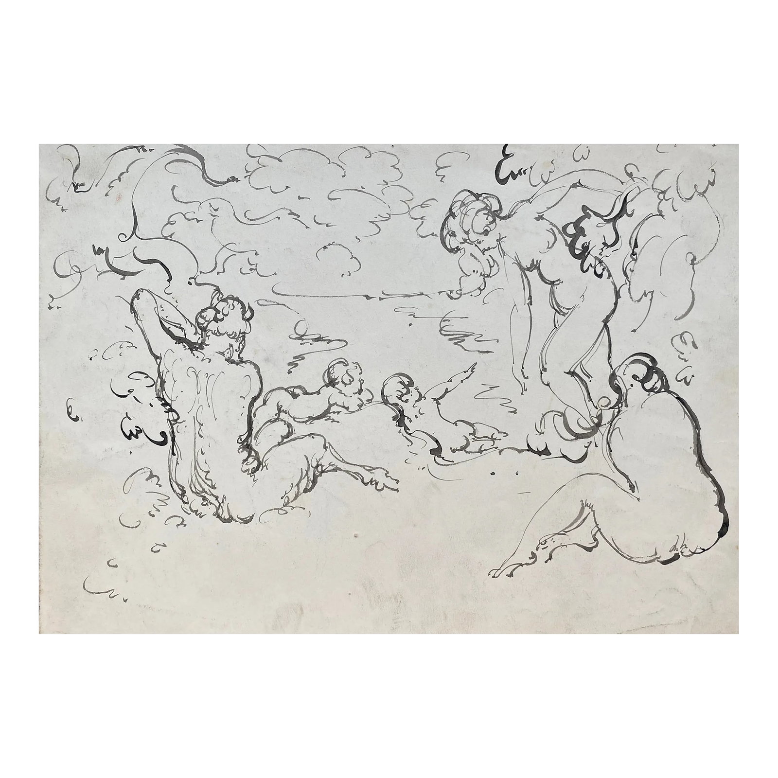 1930s Harold Hope Read Figural Landscape With Nudes: Ink drawing by English artist Harold Hope Read (1881-1959). Read's "High Life" series satirically illustrated the lives of the upper class in Great Britain. Doubles sided with another figure drawing.