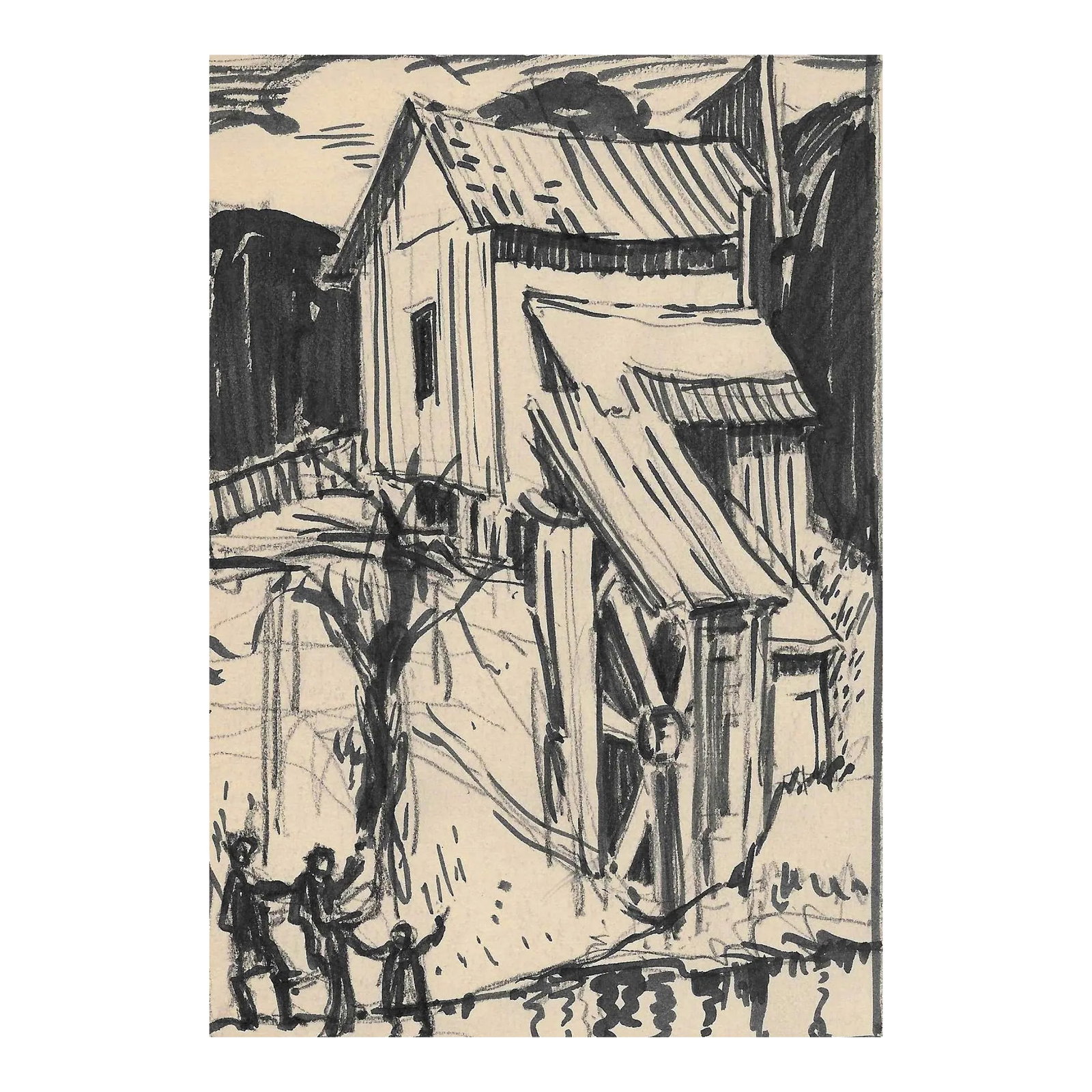 1940s Norman Kent Mill Drawing: Born in Pittsburgh, American artist Norman Kent (1903 - 1972) attended the Rochester Institute and trained at the Art Students League in New York under Leftwich Dodge. He learned the art of the woodcu