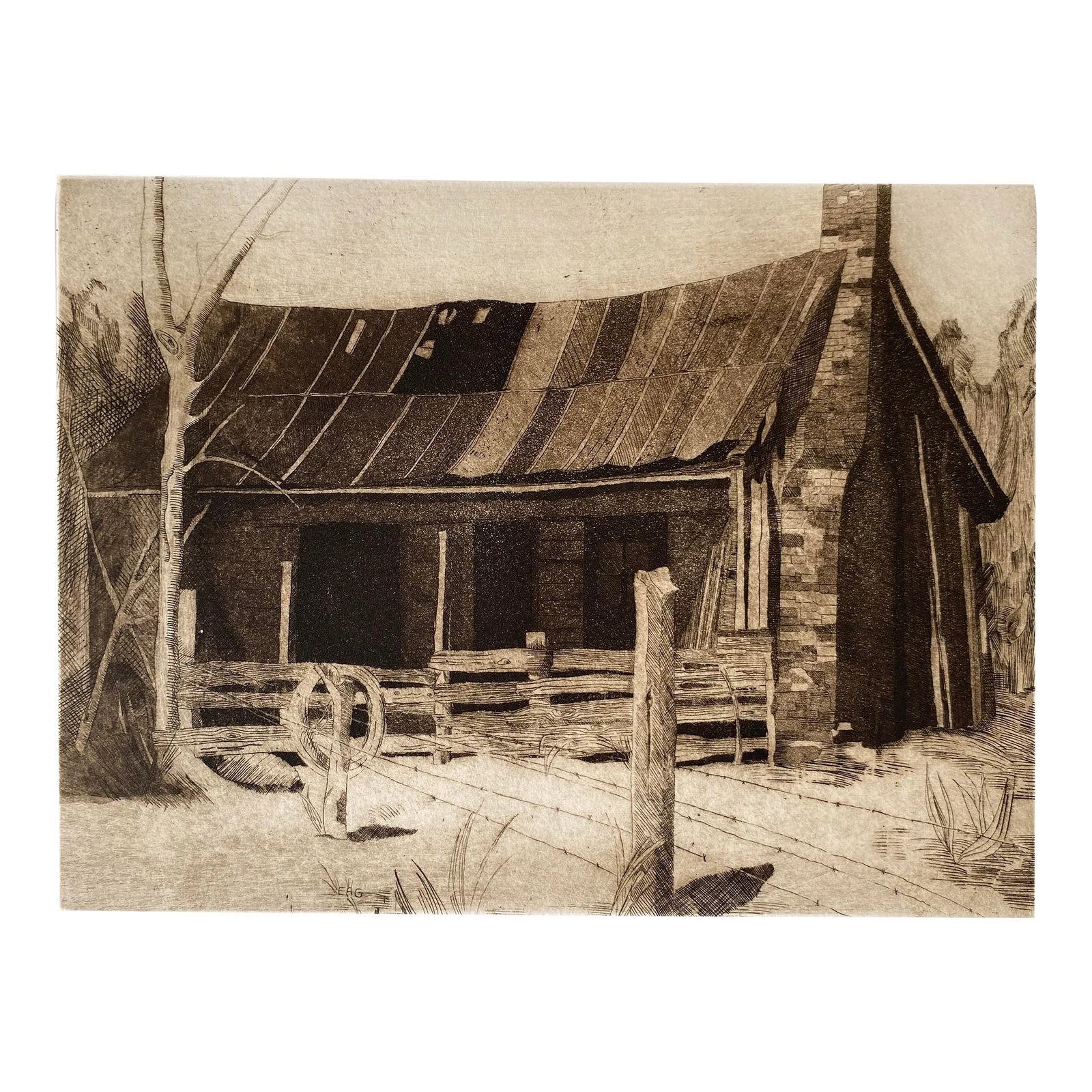 Elizabeth Goodstadt Rural Farm Scene Etching: 1940s etching by Elizabeth Goodstatd of a rural farm house. Pencil signed and numbered from and edition of 50. Condition: Alterations: Original Condition Unaltered Imperfections: Some Imperfections