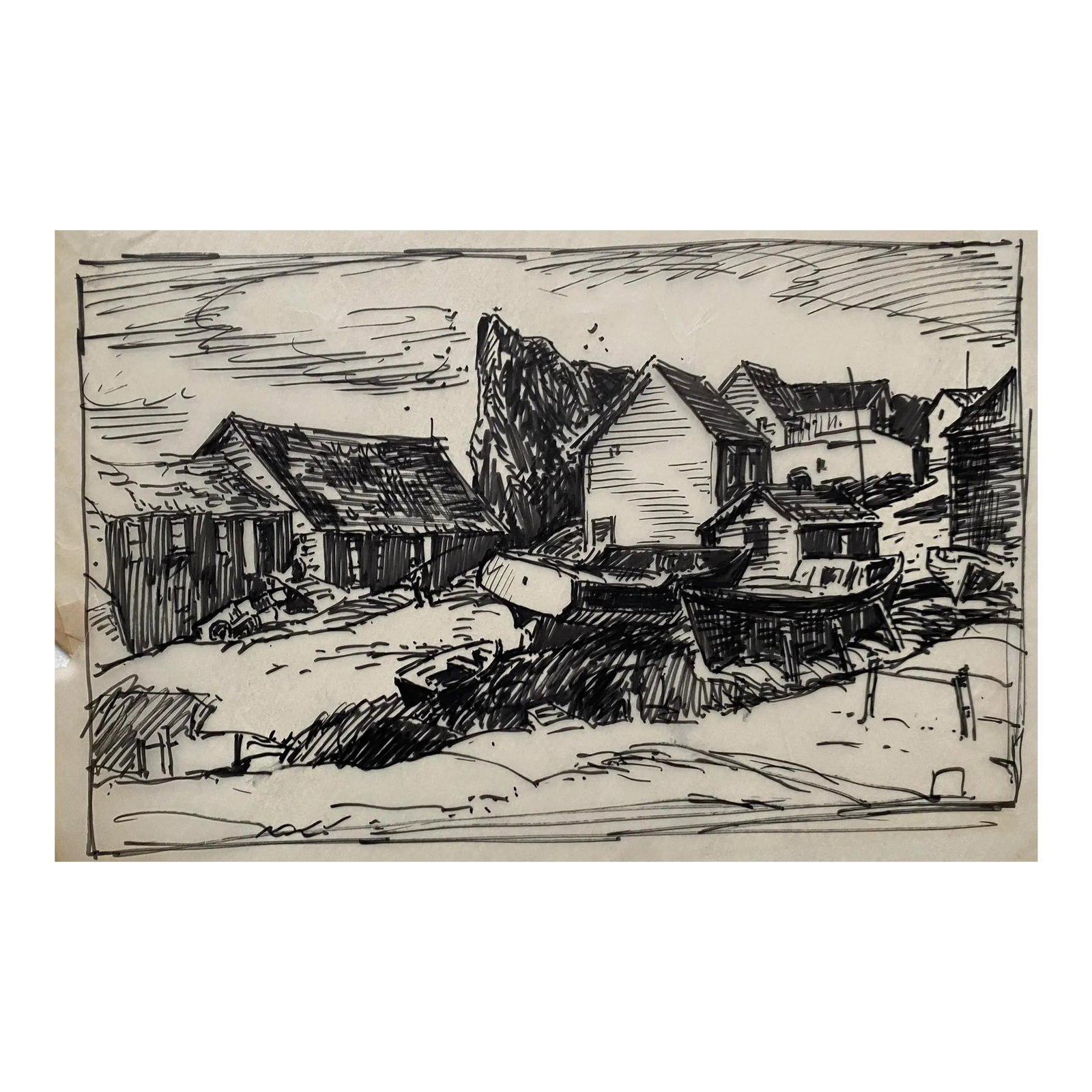 1930s Norman Kent Coastal Drawing: Costal drawing with boats in dry dock by Norman Kent. Marker on thin rice or tracing paper. Born in Pittsburgh, American artist Norman Kent (1903 - 1972) attended the Rochester Institute and trained a