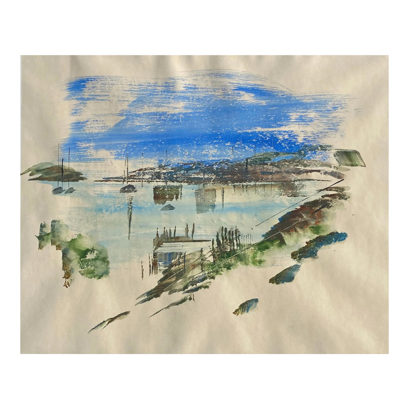 1960s Mid Century Asian Coastal Watercolor: Unsigned 1960s MCM watercolor on paper of a port in modern Asian style. Condition: Alterations: Original Condition Unaltered Imperfections: Some Imperfections Condition Notes: Overall good antique