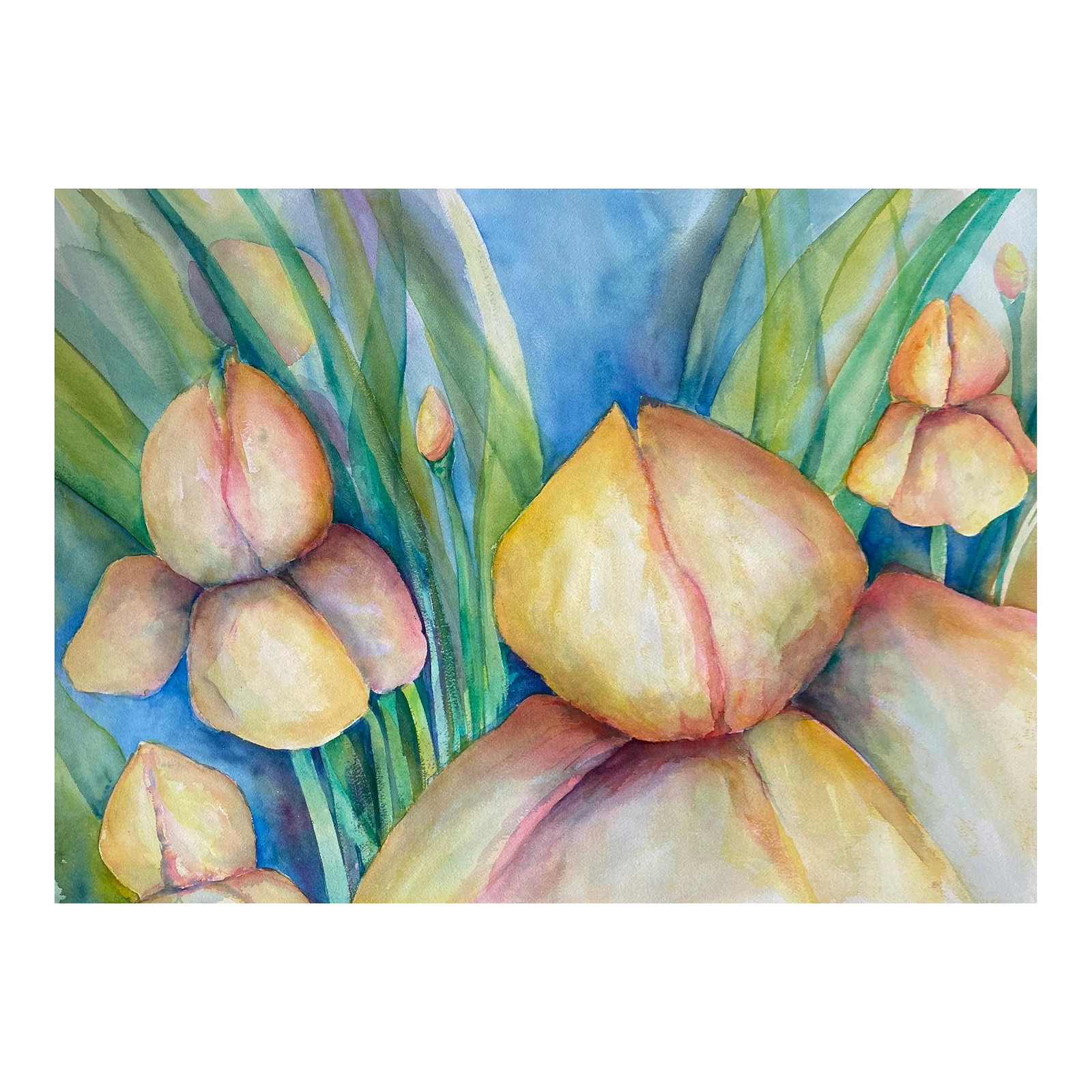 1990s Spring Floral Watercolor Botanical: Unsigned watercolor of stylized flowers in bloom. Large watercolor on heavy watercolor paper. Combined shipping available, please inquire. Shipping times are significantly shorter than Chairish estima