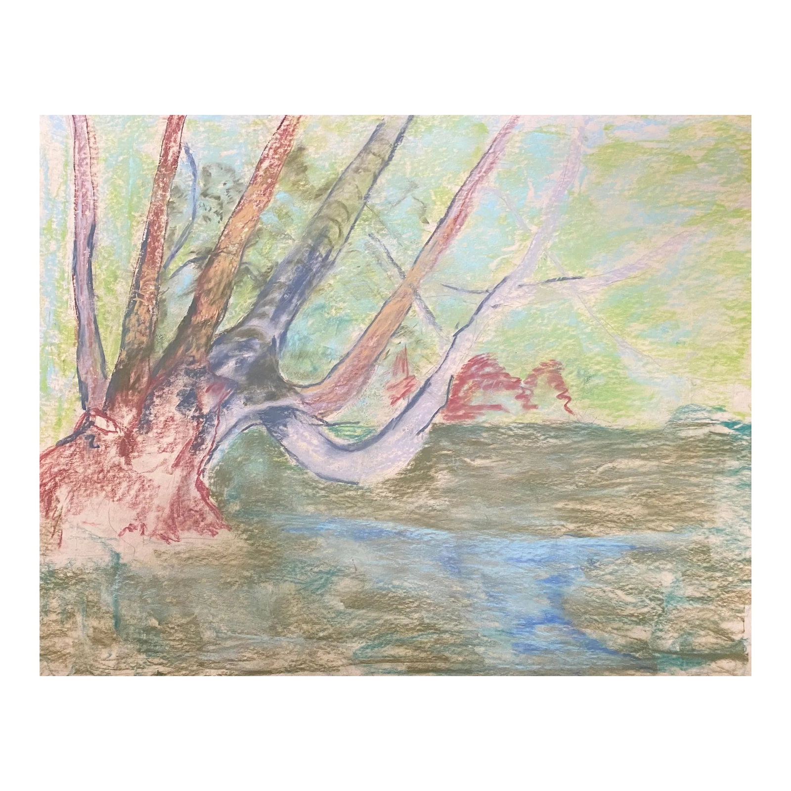 1960s Pastel Impressionist Landscape: Pastel landscape on heavy paper of a garden or park scene. Unsigned. Condition: Alterations: Original Condition Unaltered Imperfections: Some Imperfections Condition Notes: Paper curling at edges -
