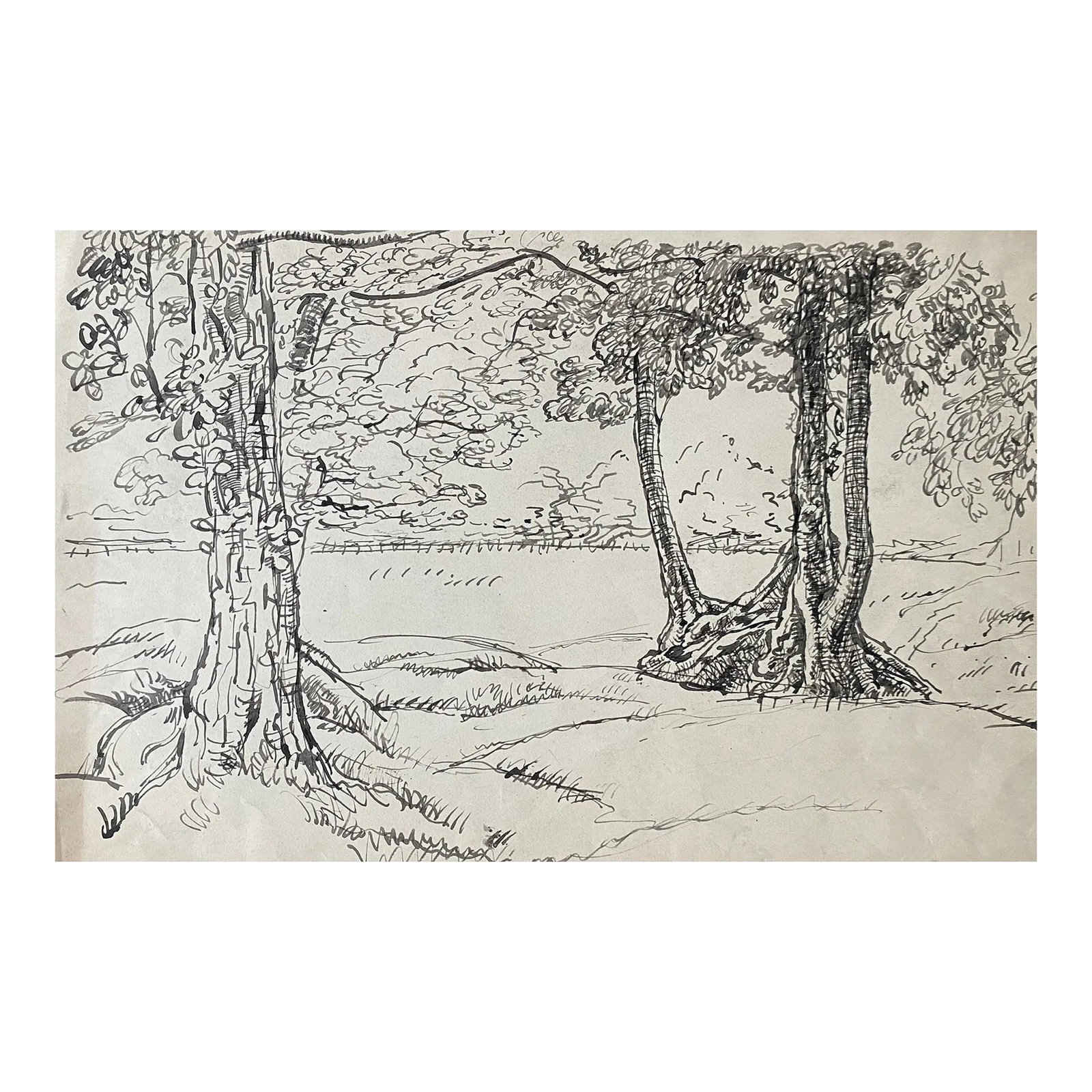 1940s Harold Hope Read English Countryside Landscape: Ink drawing by English artist Harold Hope Read (1881-1959). Read's "High Life" series satirically illustrated the lives of the upper class in Great Britain. Read regularly submitted works to the