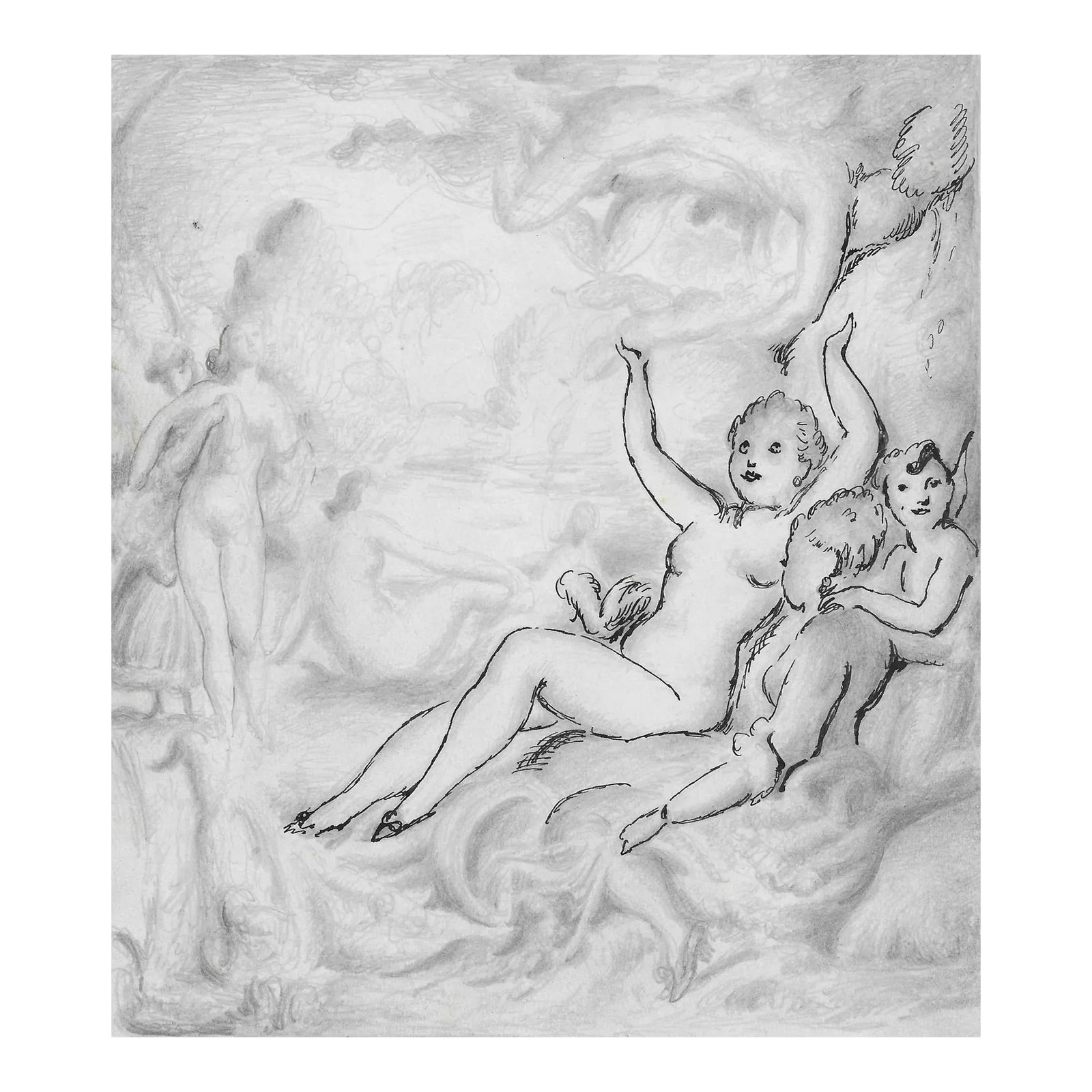 Harold Hope Read Female Nude Landscape Drawing: Drawing by English artist Harold Hope Read (1881-1959). Read's "High Life" series satirically illustrated the lives of the upper class in Great Britain. Read regularly submitted works to the Royal