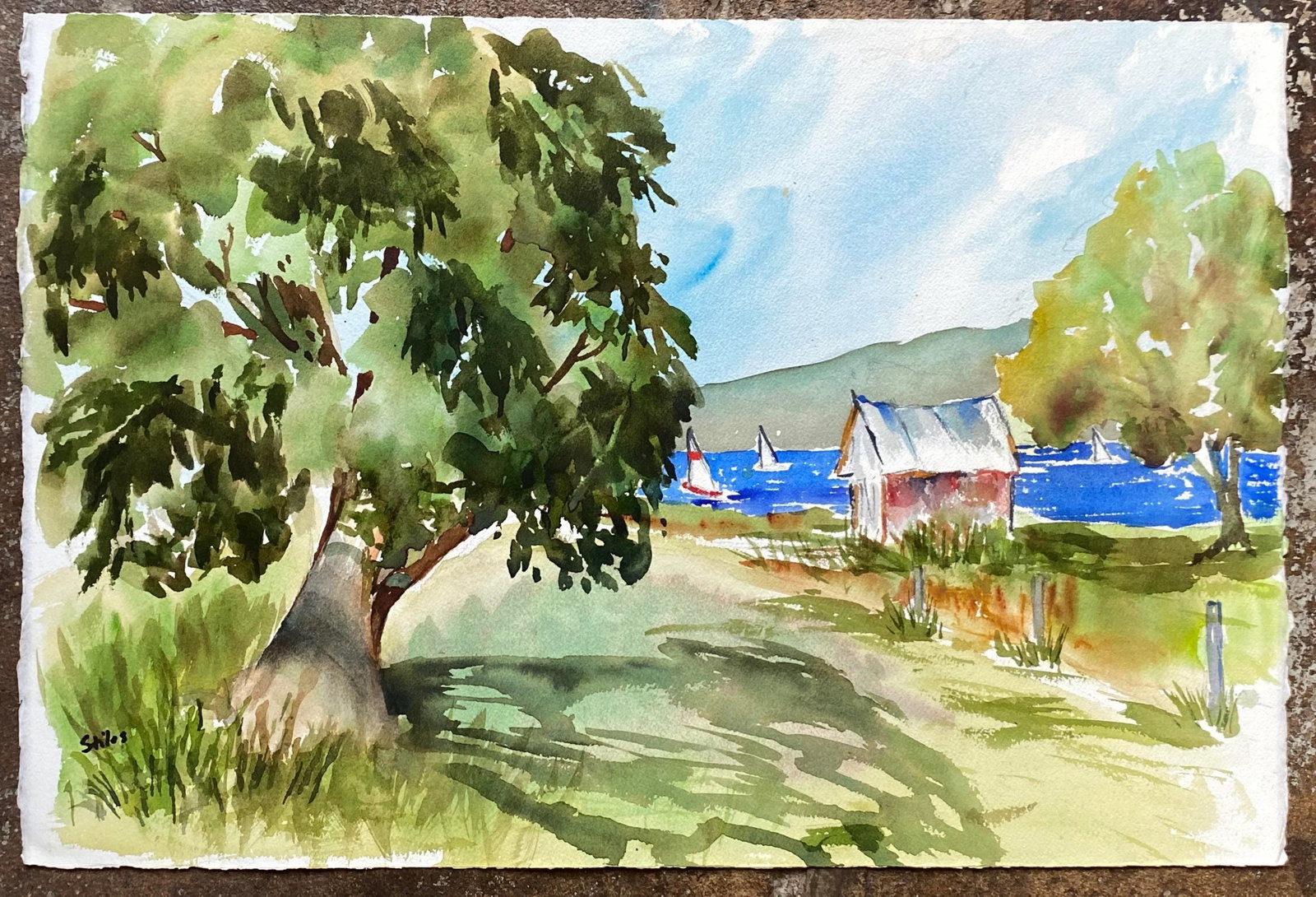 Martha Stiles Coastal Watercolor With Sailboats - 2