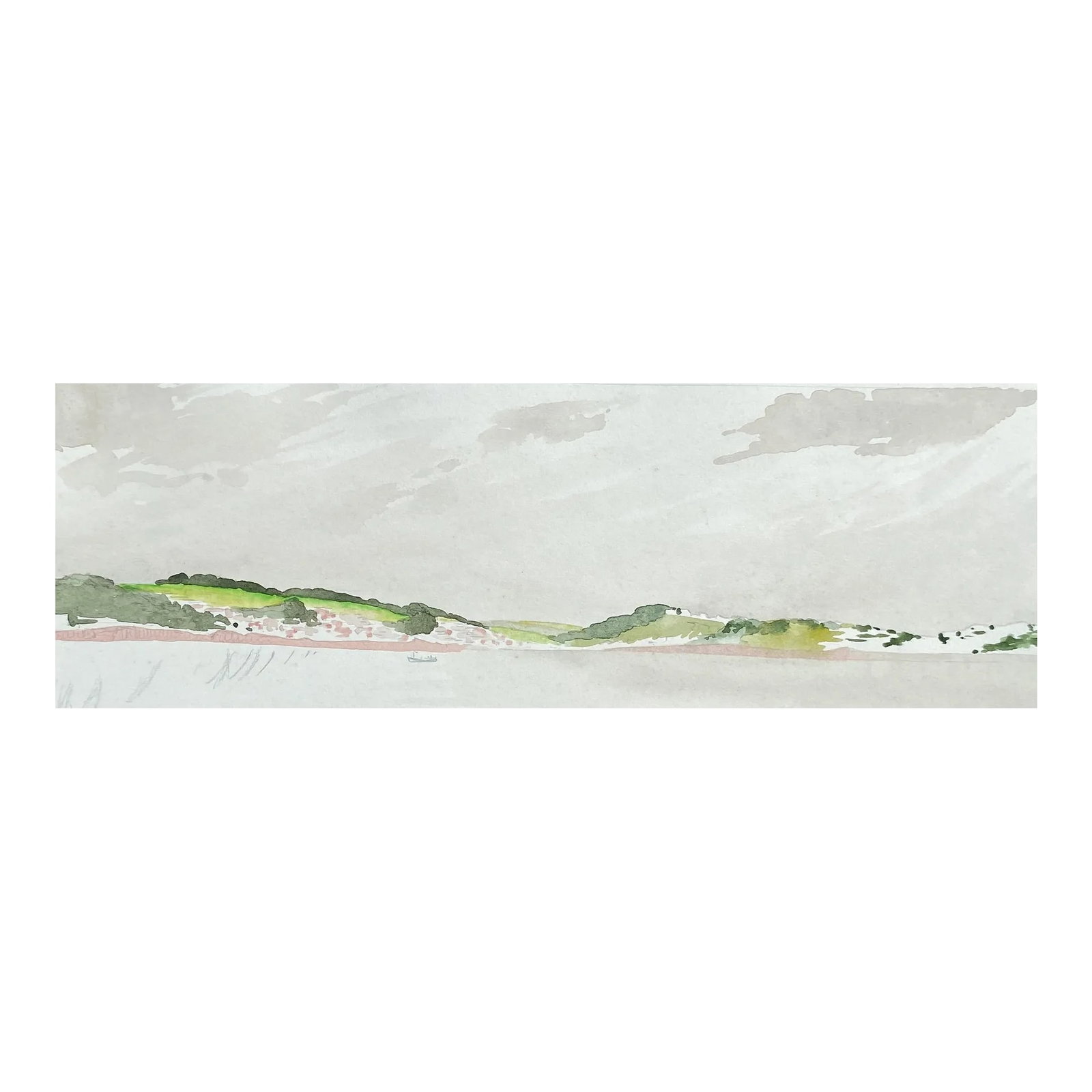 1950s Ivy Attwell Coastal Watercolor: Painting by English artist Ivy Attwell (1895-1985). Attwell traveled extensively all over the world and recorded her travels from the 1950s until about 1980. English Channel coast, circa 1950s Waterco