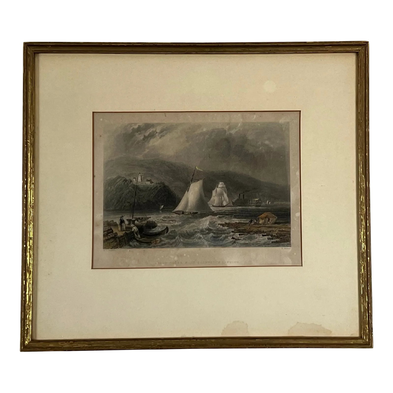 Early 1900s Lighthouse Near Caldwell's Landing, Framed: Framed print "Light House Near Caldwell's Landing," on the Hudson River below West Point. Ca. 1900 reproduction of engraving by Henry Adlard made after sepia wash drawing by W.H. Bartlett, published i