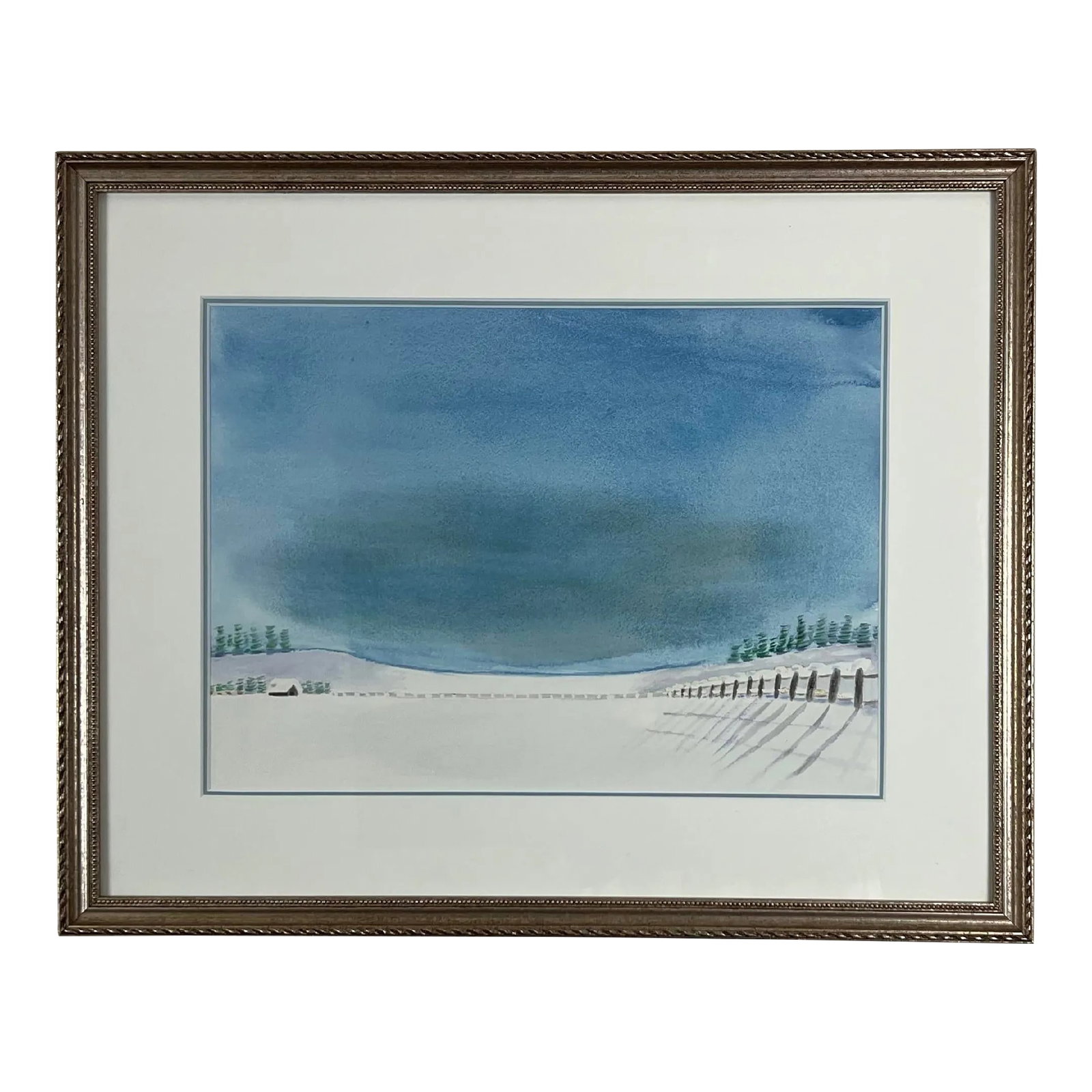 Late 20th Century Serene Snow Watercolor, Framed: Watercolor of serene snow landscape. Beautifully shaded sky. Professionally framed in narrow, silvery frame with double mats. Unsigned. Date unknown. Sight 10 1/4" high x 14" wide. Overall dimensions 