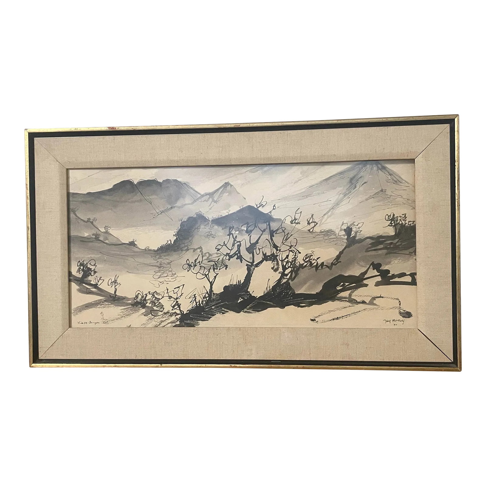 Vintage Ink Surrealist Painting: Offering an original surrealist, ink painting. Framed with a neutral matte and a subtle gold frame. Condition: Alterations: Original Condition Unaltered Imperfections: Some Imperfections Condition