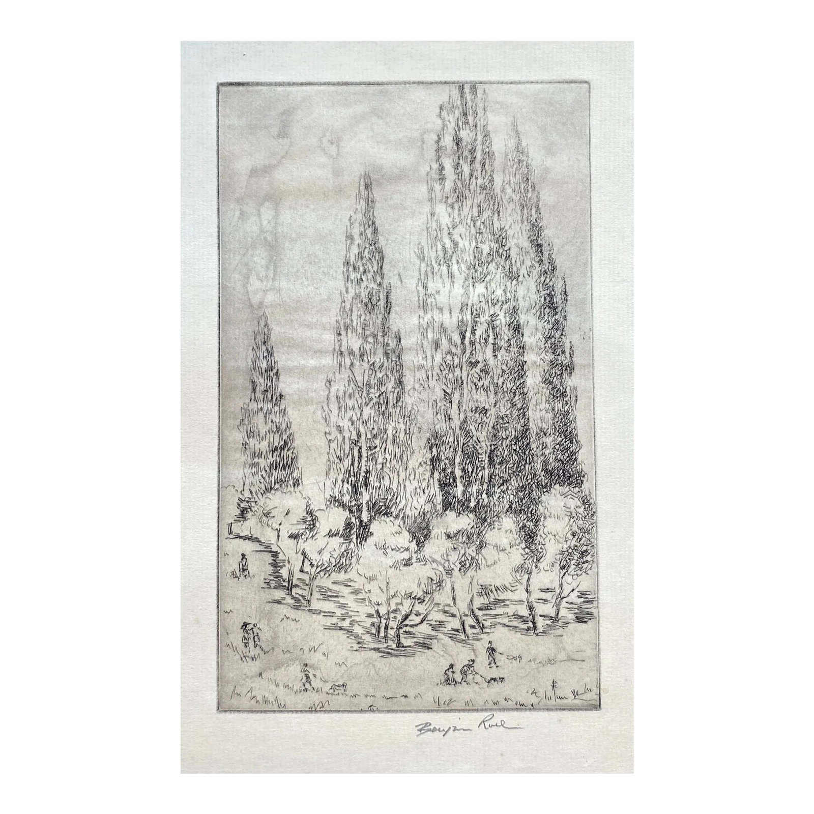 1950s Benjamin Rubin Landscape Etching: Benjamin Rubin (1896 - 1998) landscape etching with figures. Signed lower right. Condition: Alterations: Original Condition Unaltered Imperfections: Some Imperfections Condition Notes: Overall good