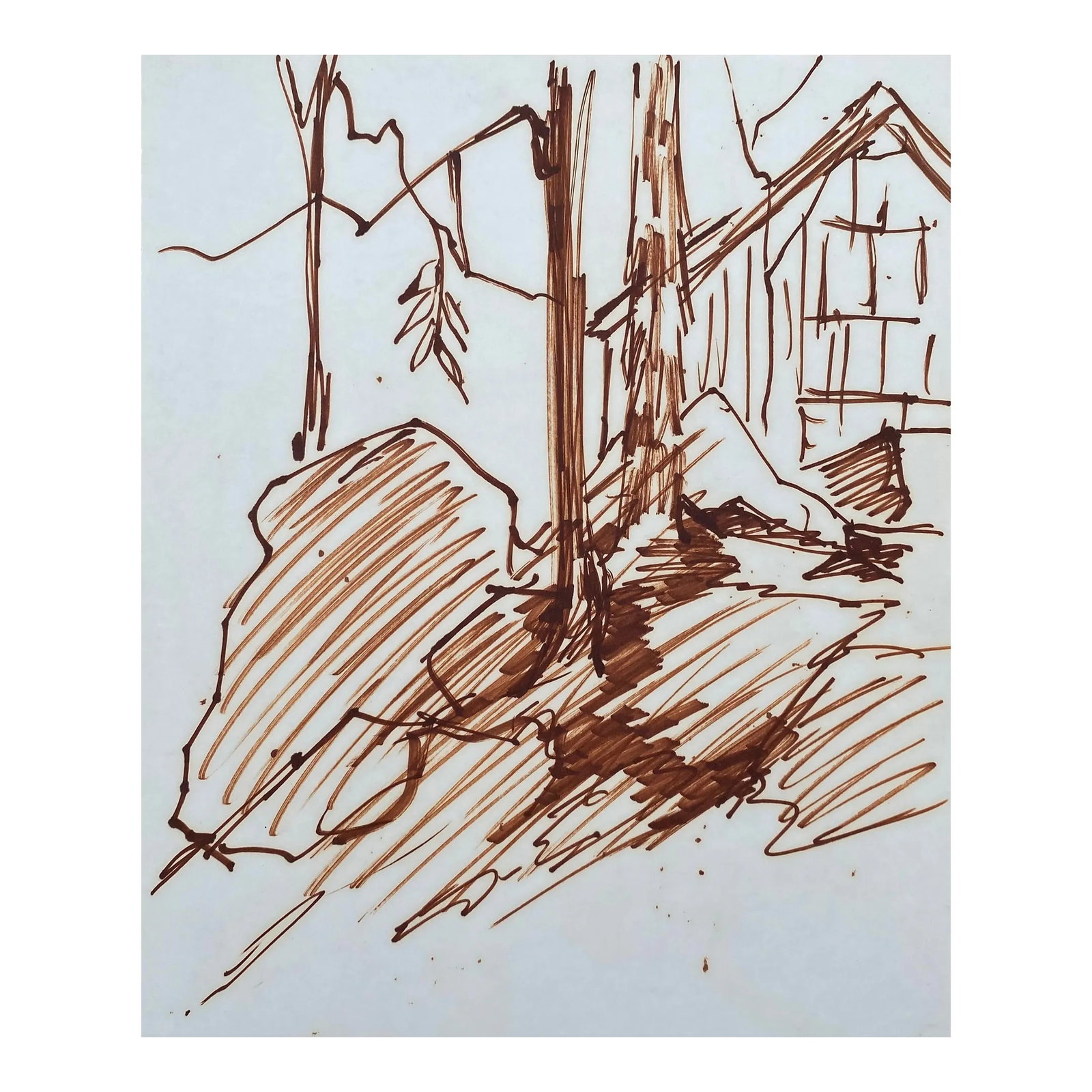1960s Cabin Landscape Marker Drawing: 1960s drawing in brown marker of a rustic cabin in a rocky landscape. Unsigned. Condition: Alterations: Original Condition Unaltered Imperfections: Some Imperfections Condition Notes: Overall good