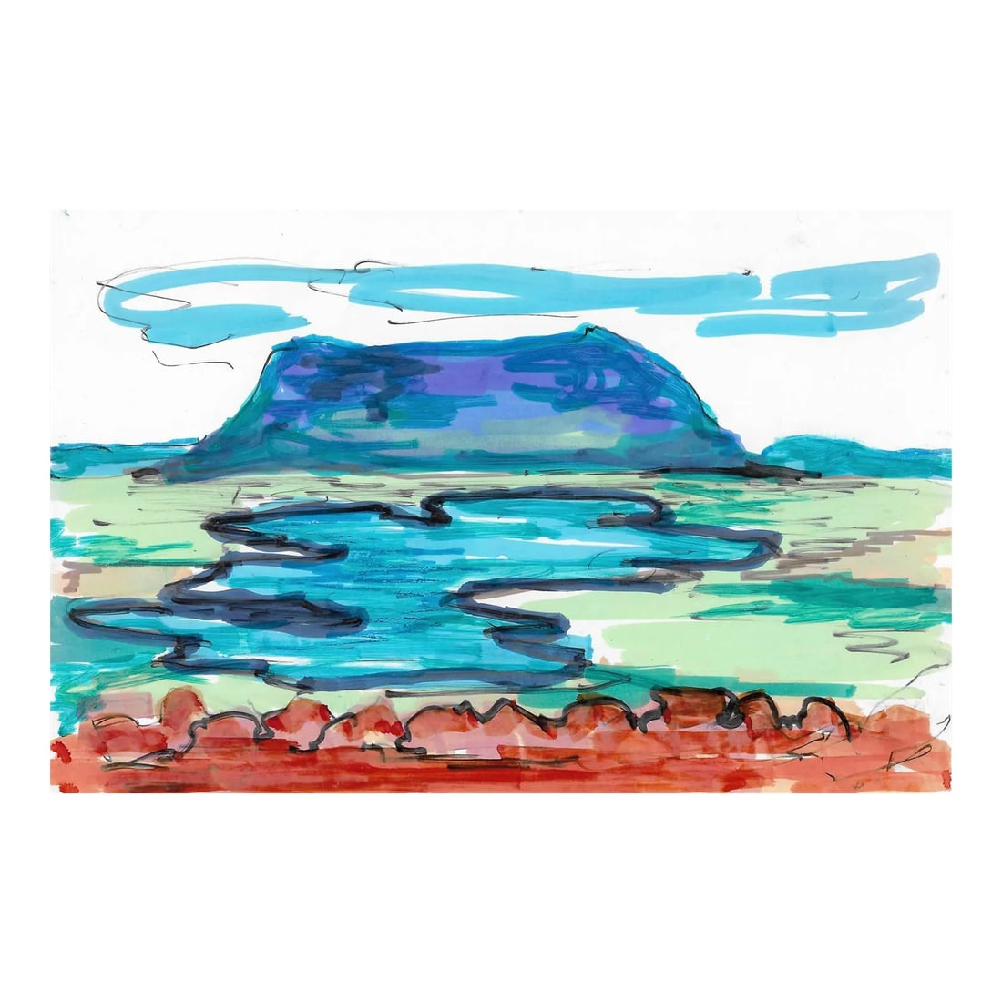 1966 Alexandra Merker Icelandic Mountain Landscape: Alexandra Merker (1920-2009) MCM abstracted Iceland landscape painting on glossy heavy paper. Unsigned with estate stamp on back. Inscribed "Mt. Herdubreid in Eastern Iceland June 23, 1966."