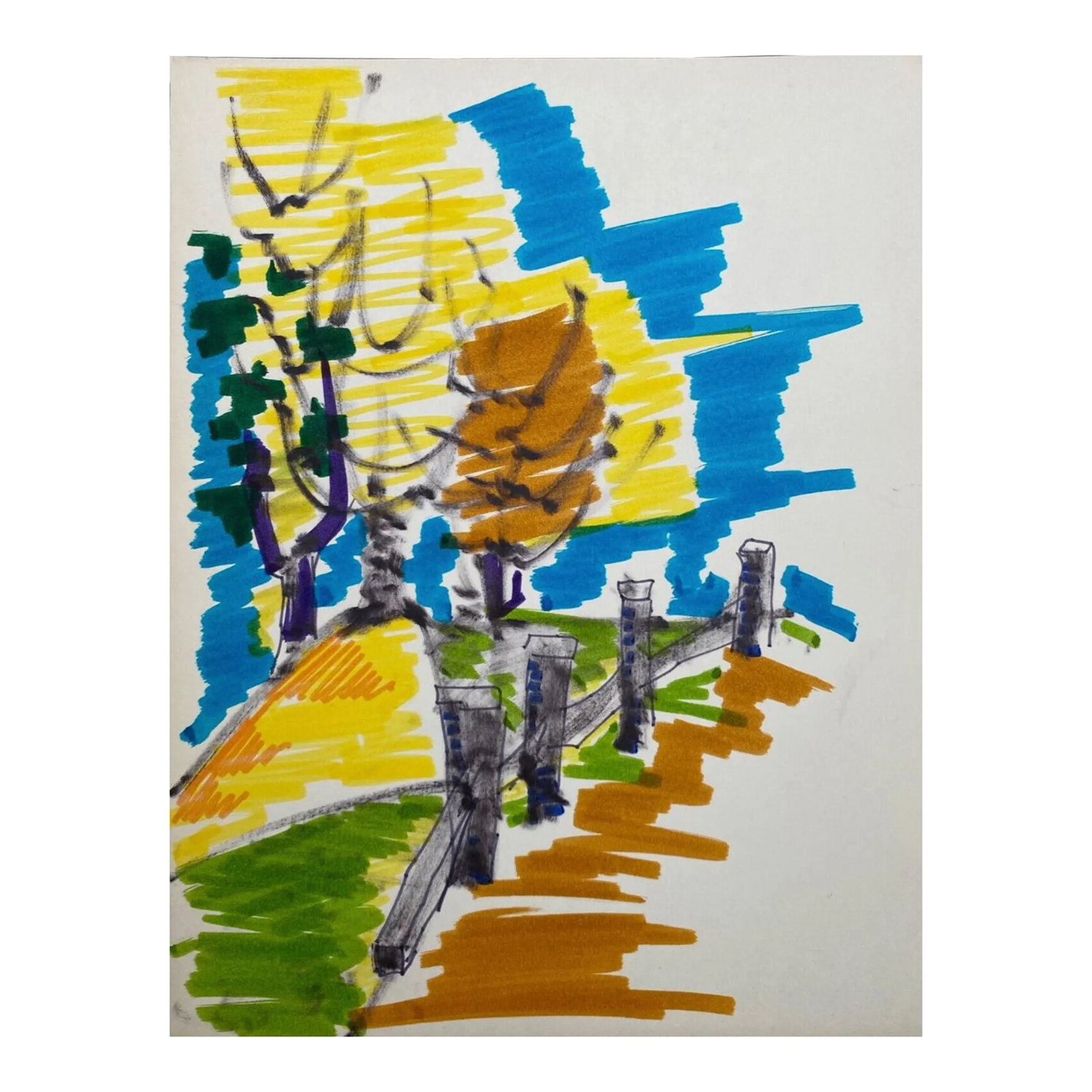 1960s Alexandra Merker Autumn Landscape Painting: Alexandra Merker (1920-2009) watercolor and marker landscape painting; estate stamp on back. 11 x 8.5 inches Condition: Alterations: Original Condition Unaltered Imperfections: Some Imperfections Cond