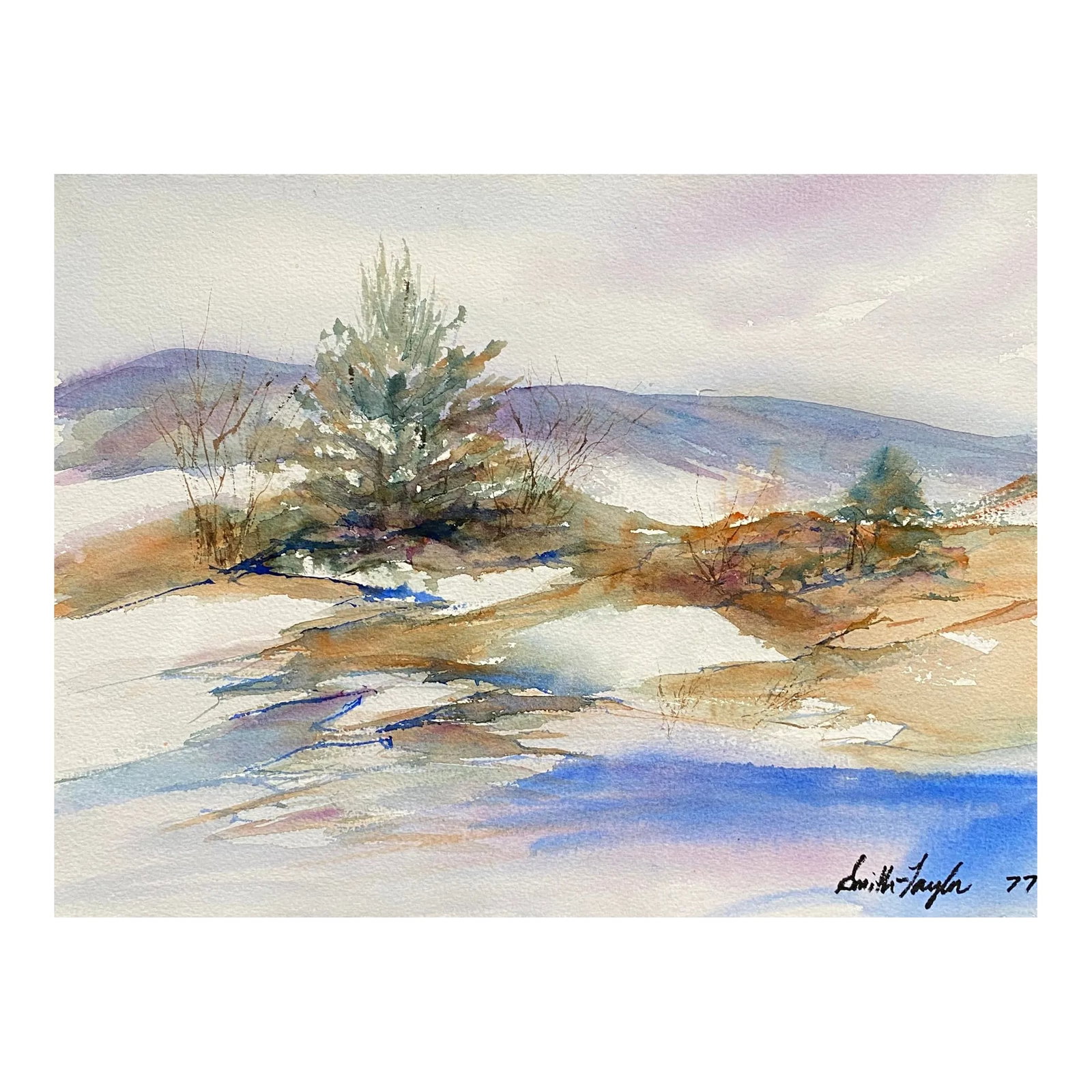 1977 Smith Taylor Watercolor Landscape Painting: 1977 ethereal watercolor on paper landscape of a stream and hills. Signed Smith-Taylor and dated 1977 lower right. Combined shipping available, please inquire before you buy. Condition: Alterations: O